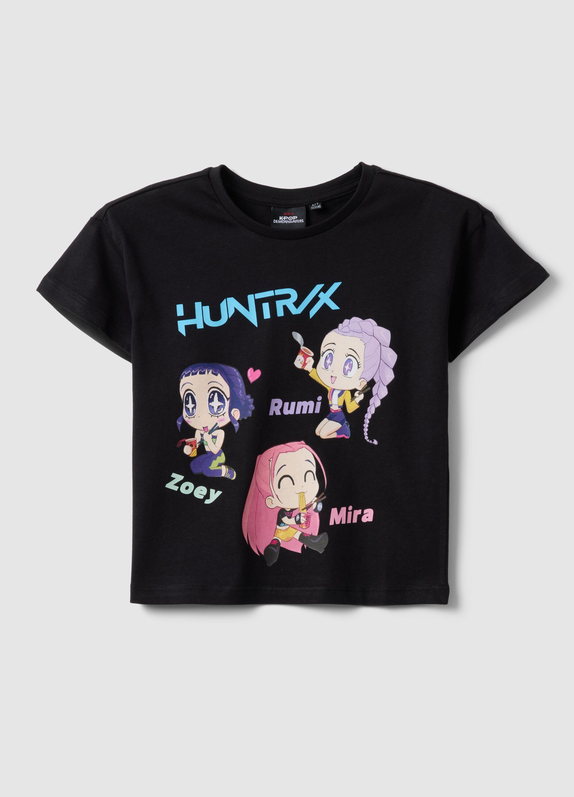 Black pure cotton T-shirt with K-Pop Demon Hunters print, regular fit