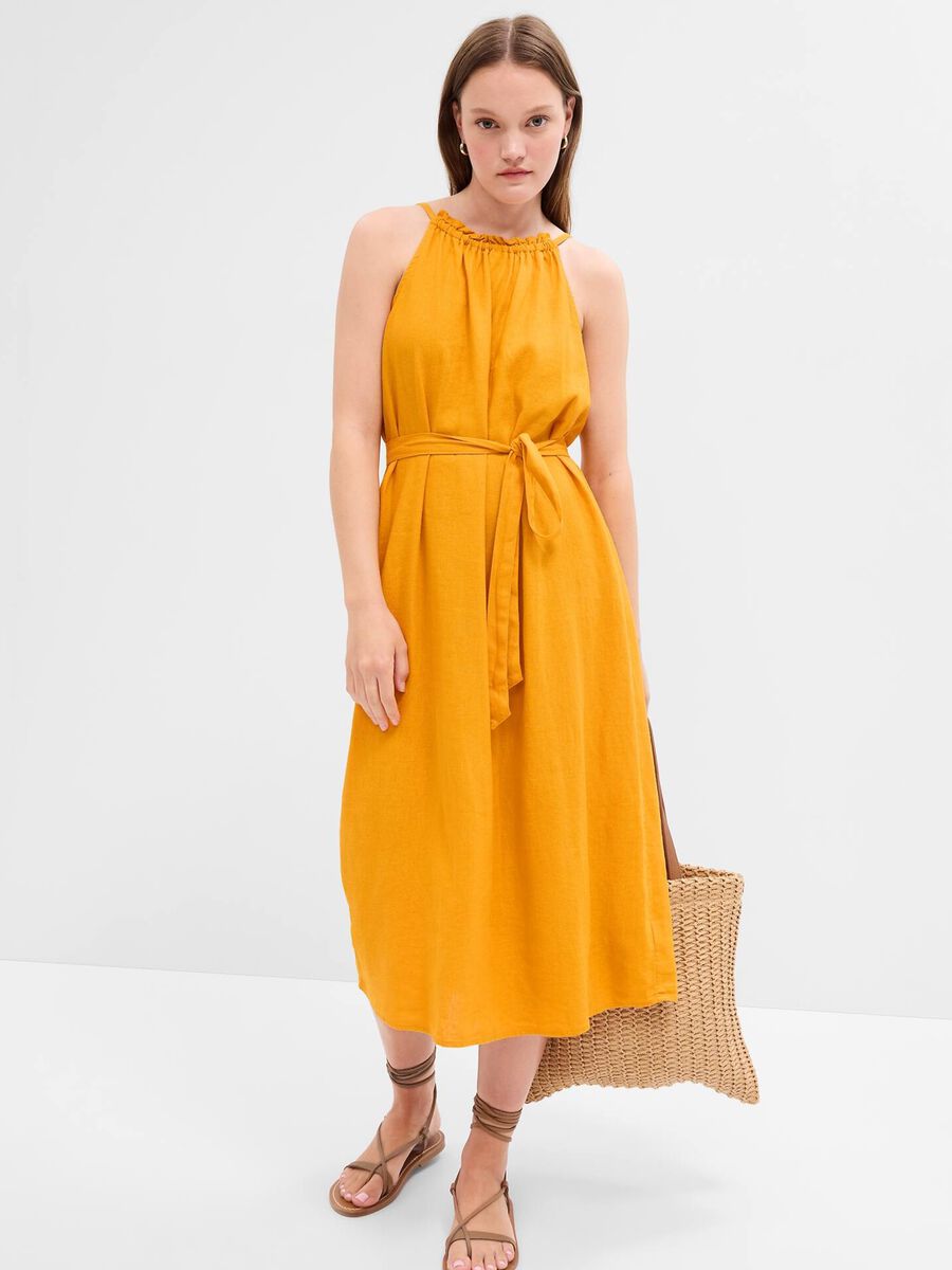 Midi dress in linen and viscose with halter neck_0