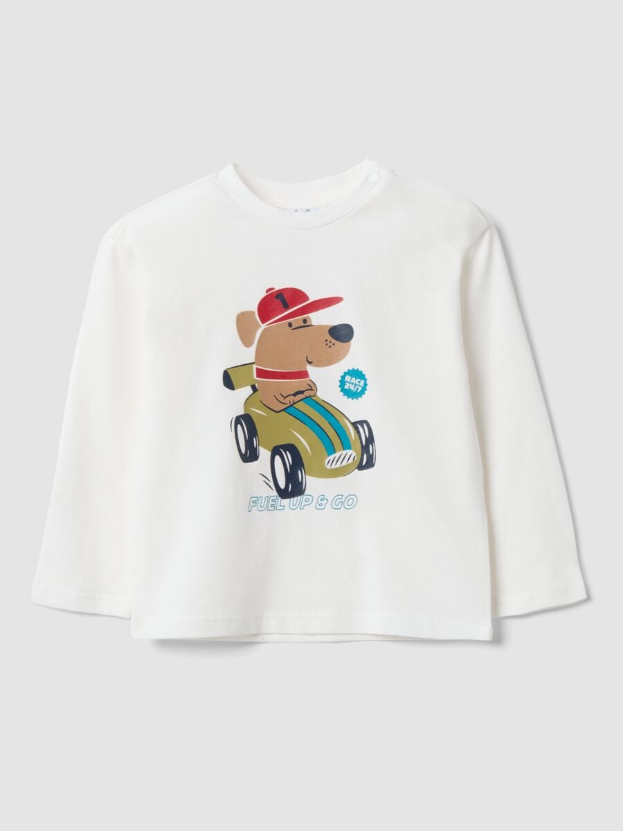 T-shirt bianca in puro cotone organico con cagnolino per bimbo_0