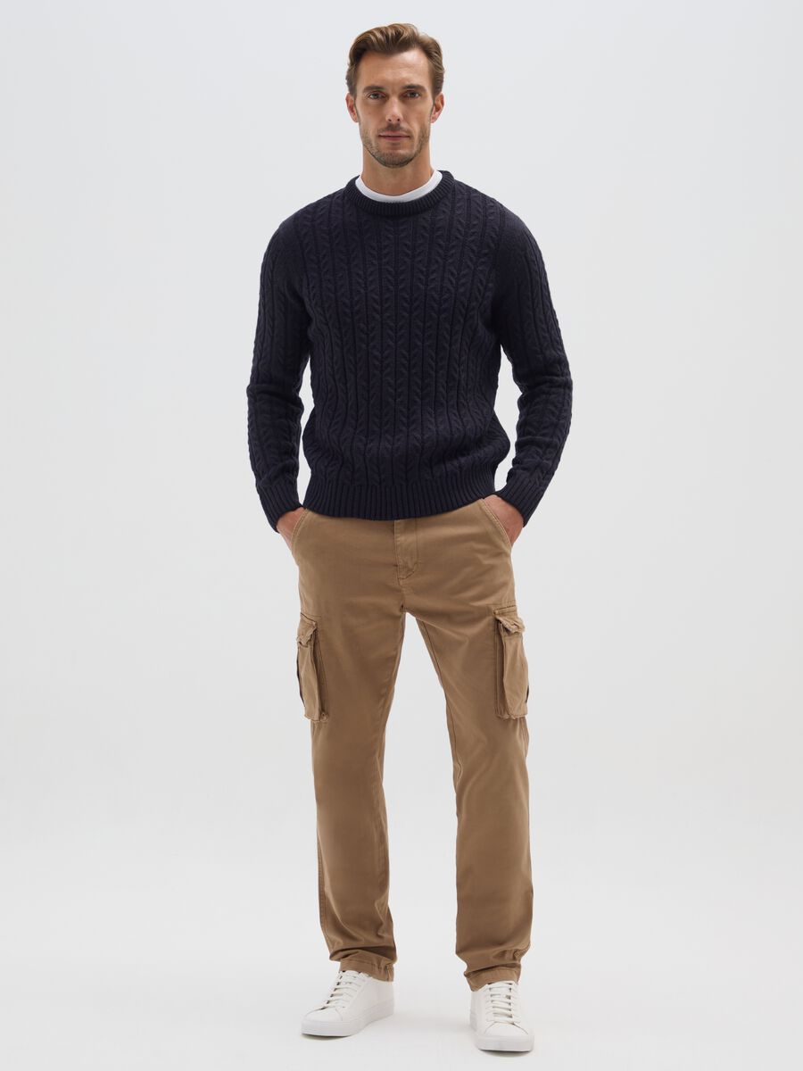 Brown stretch cotton slim fit cargo trousers_0