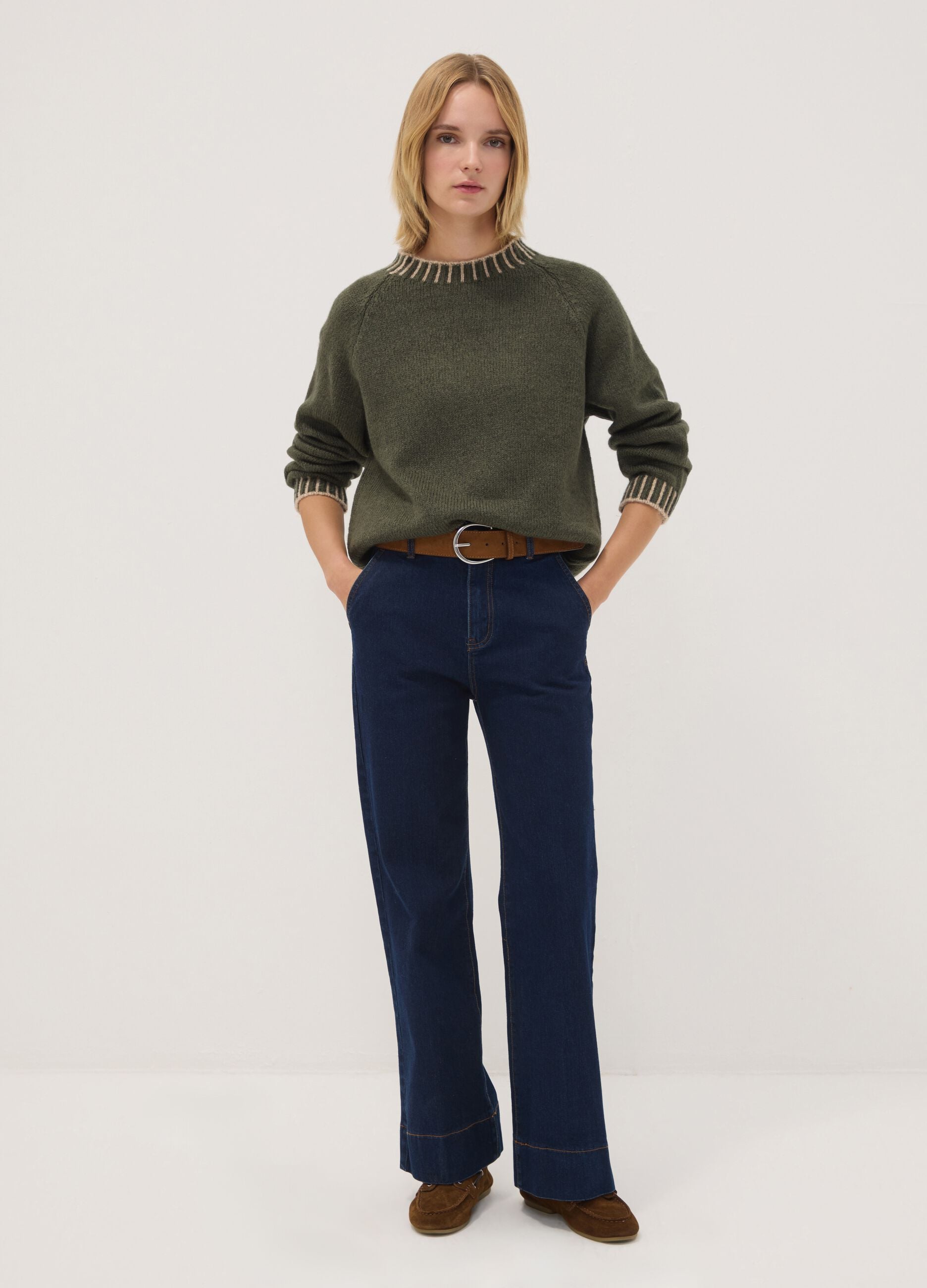 Green wool-blend jumper with contrast trims, regular fit