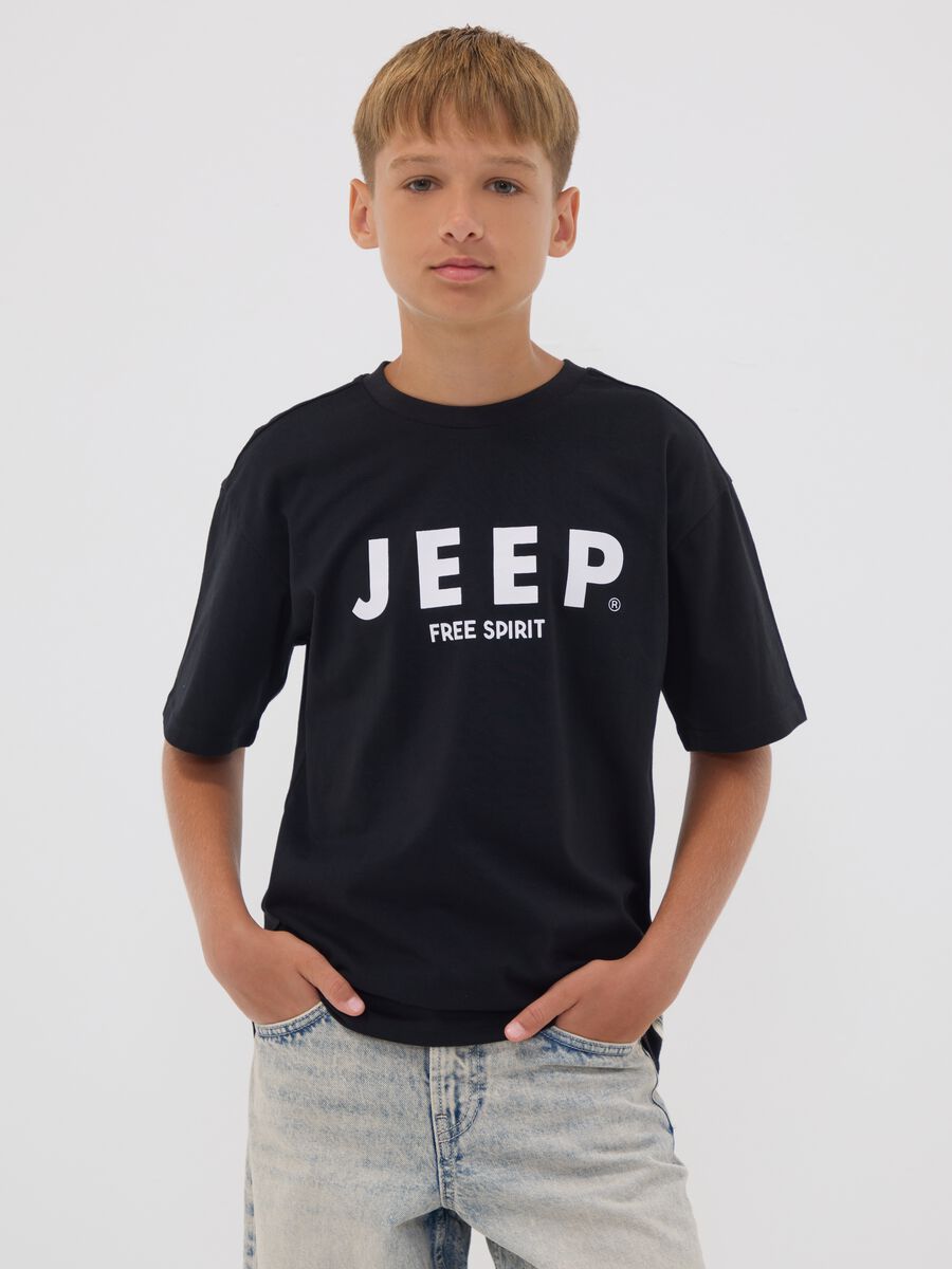 Black pure cotton short-sleeve T-shirt with Jeep slogan_0