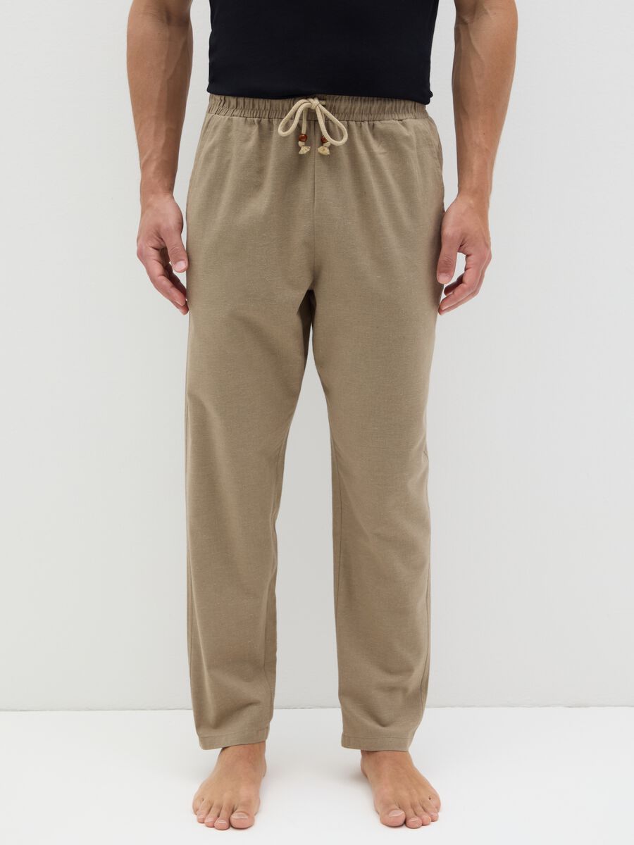 Men's beige regular fit cotton blend trousers with drawstring_1