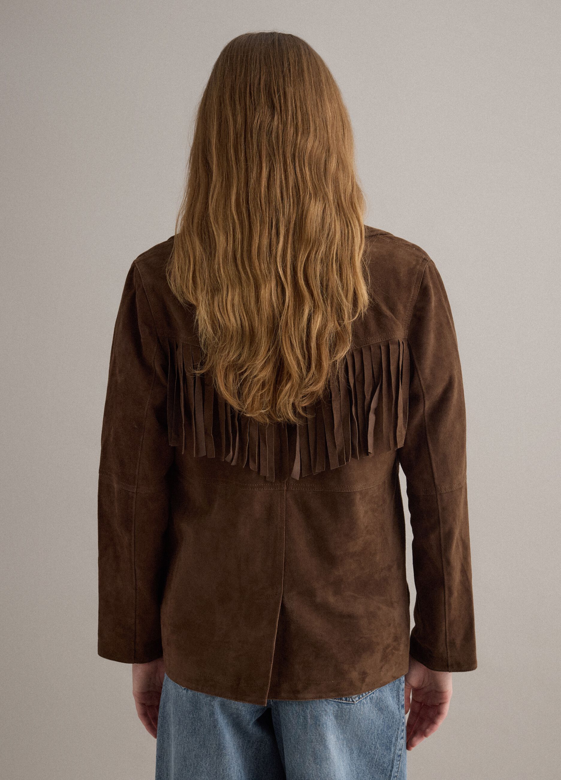 Giacca marrone in vera pelle con frange