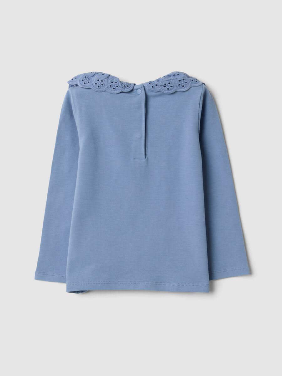Blue stretch organic cotton top with broderie anglaise collar_1