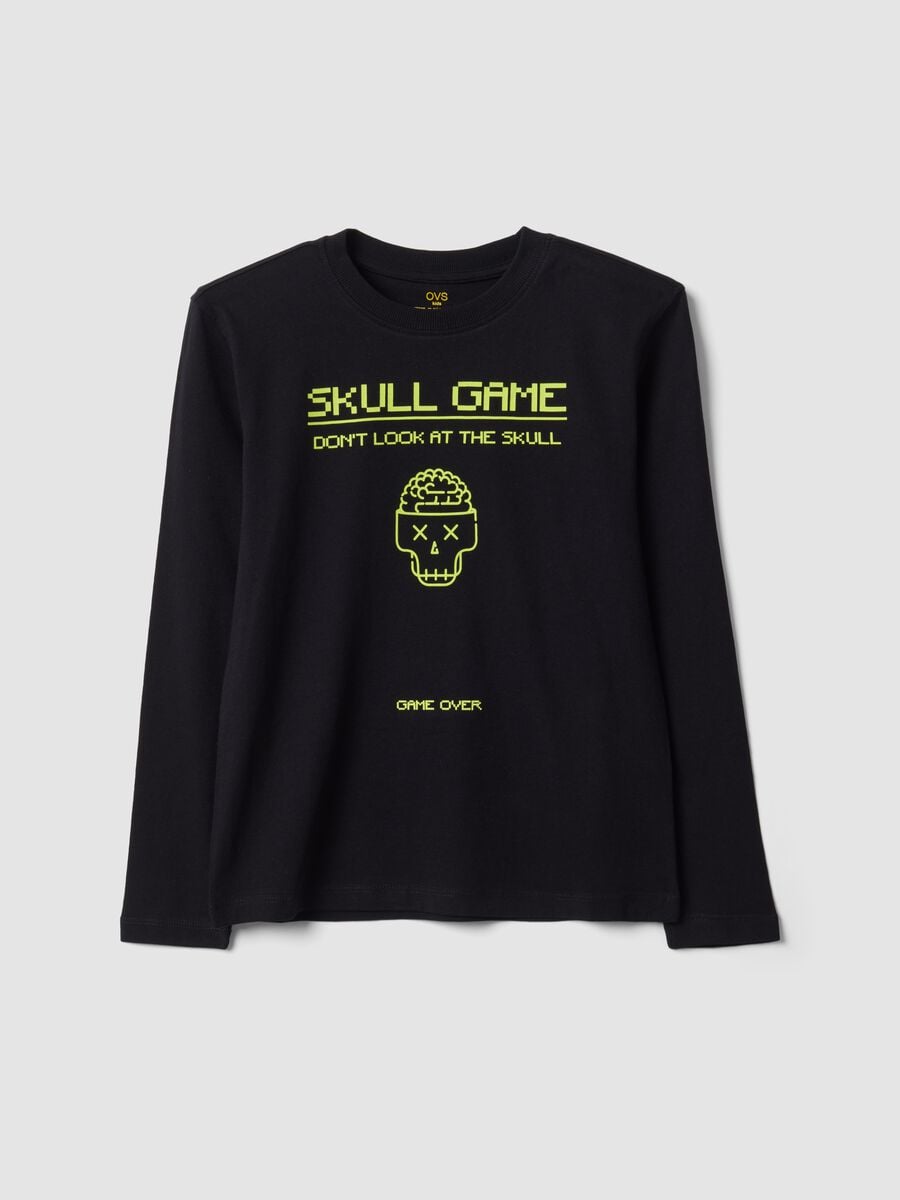 T-shirt nera in puro cotone organico con girocollo e stampa teschio per ragazzo_3
