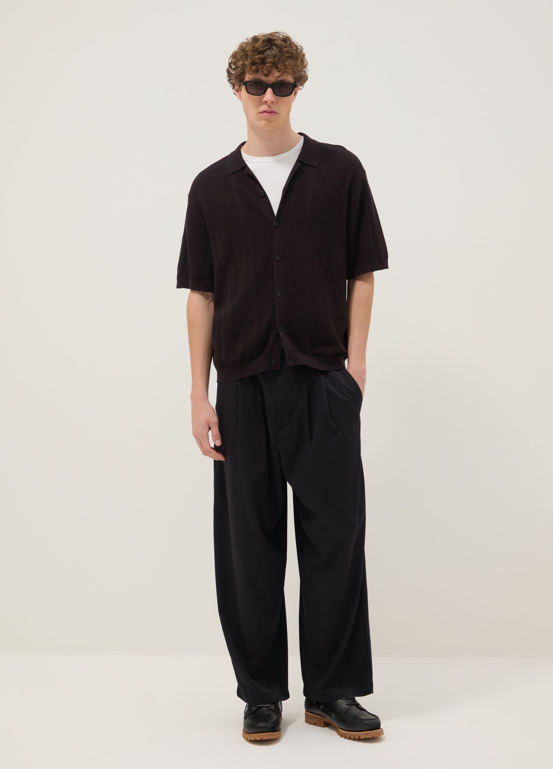Brown pure cotton short-sleeve oversized shirt