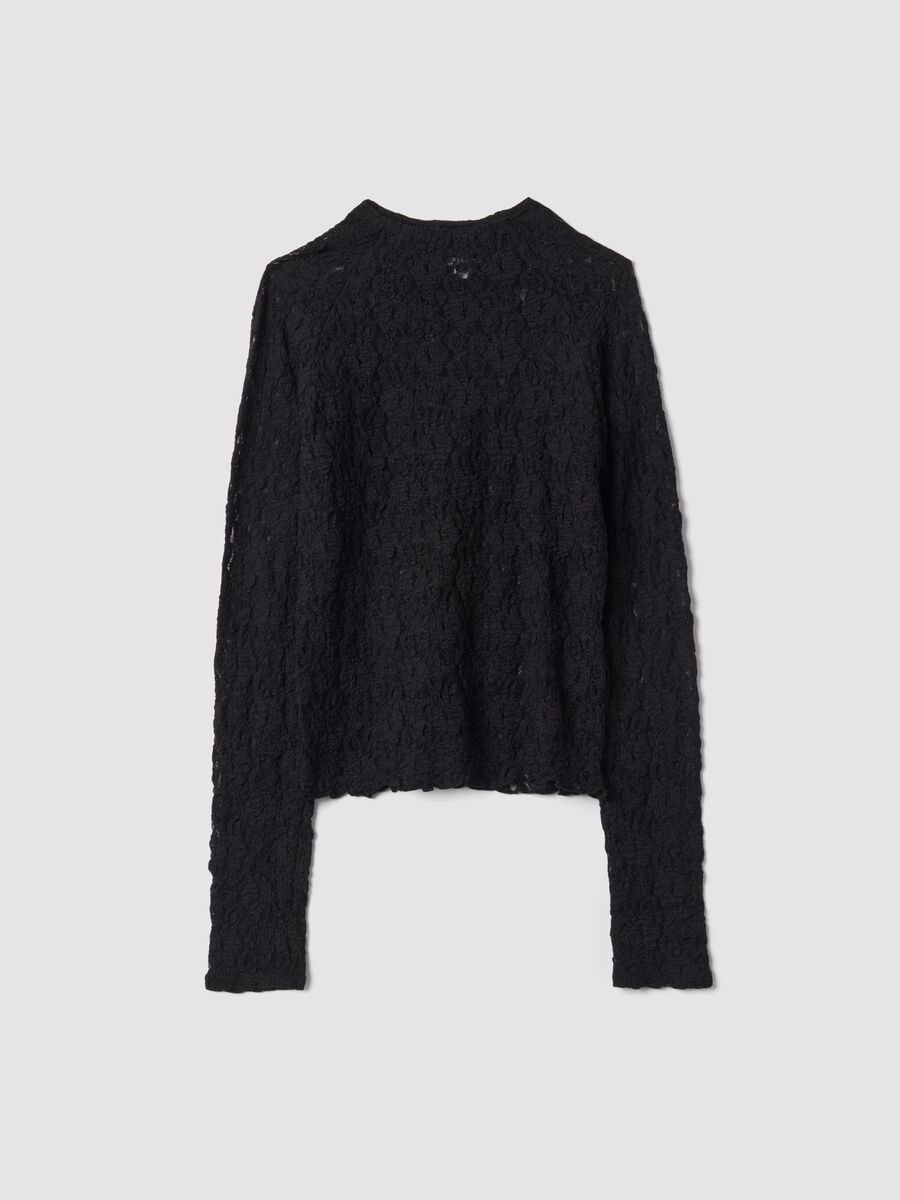 T-shirt nera in tessuto elasticizzato traforato con colletto rialzato_0