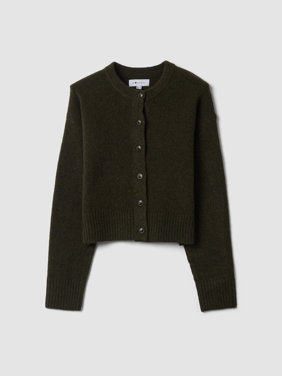 Cardigan verde in lana elasticizzato con girocollo_0