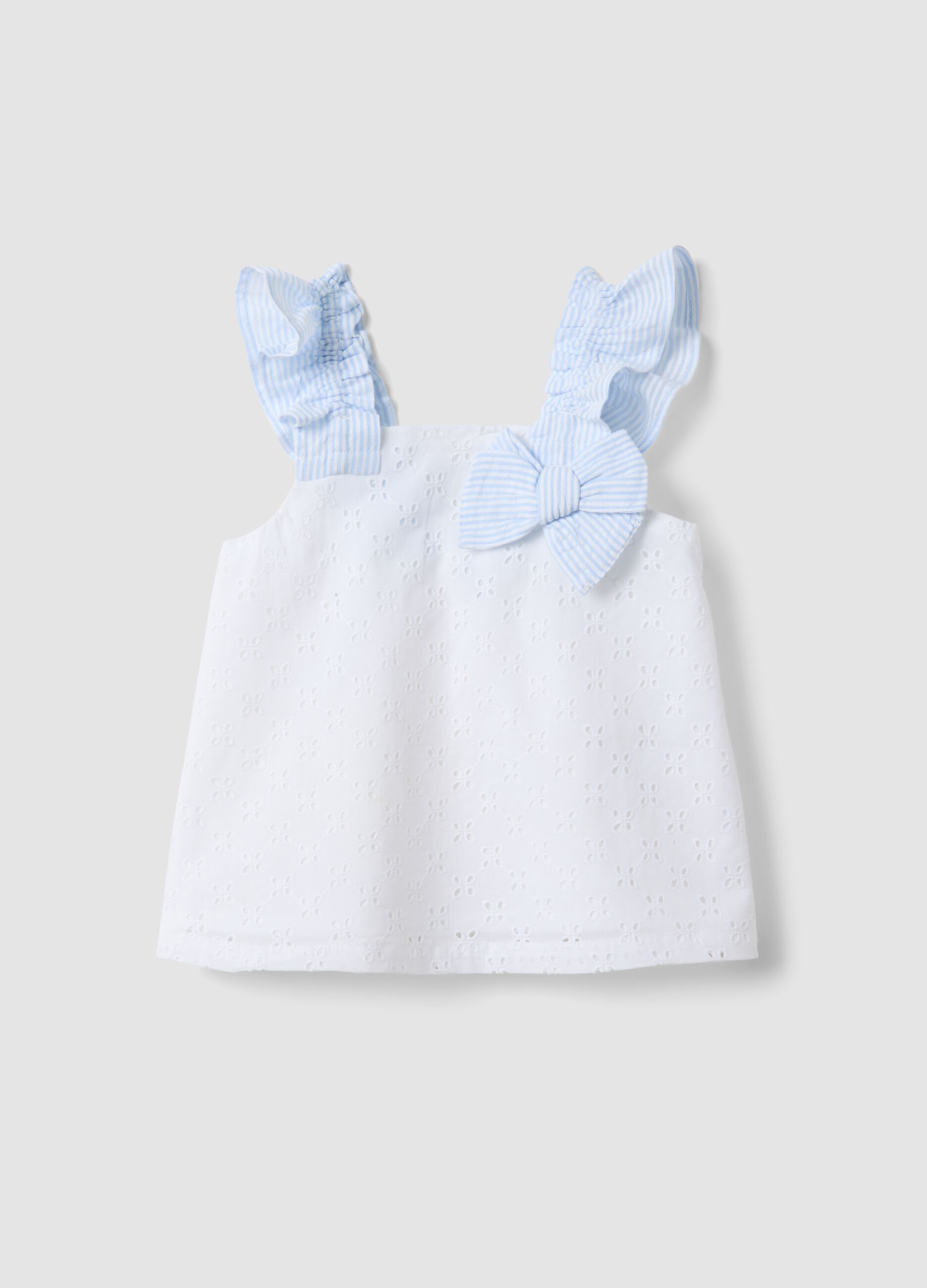 White pure cotton tank top with broderie anglaise and bow