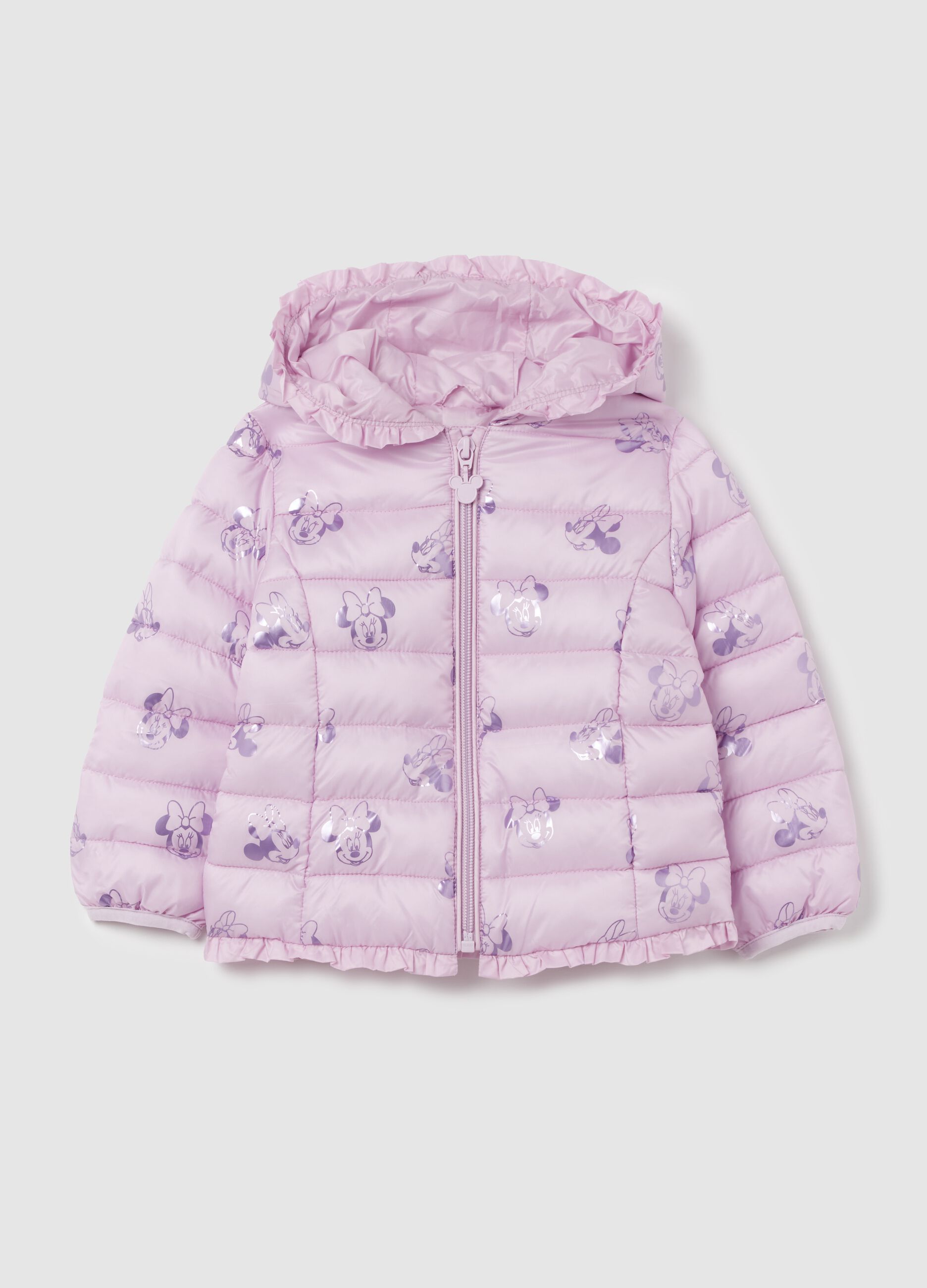 Down jacket with hood and Minnie Mouse print