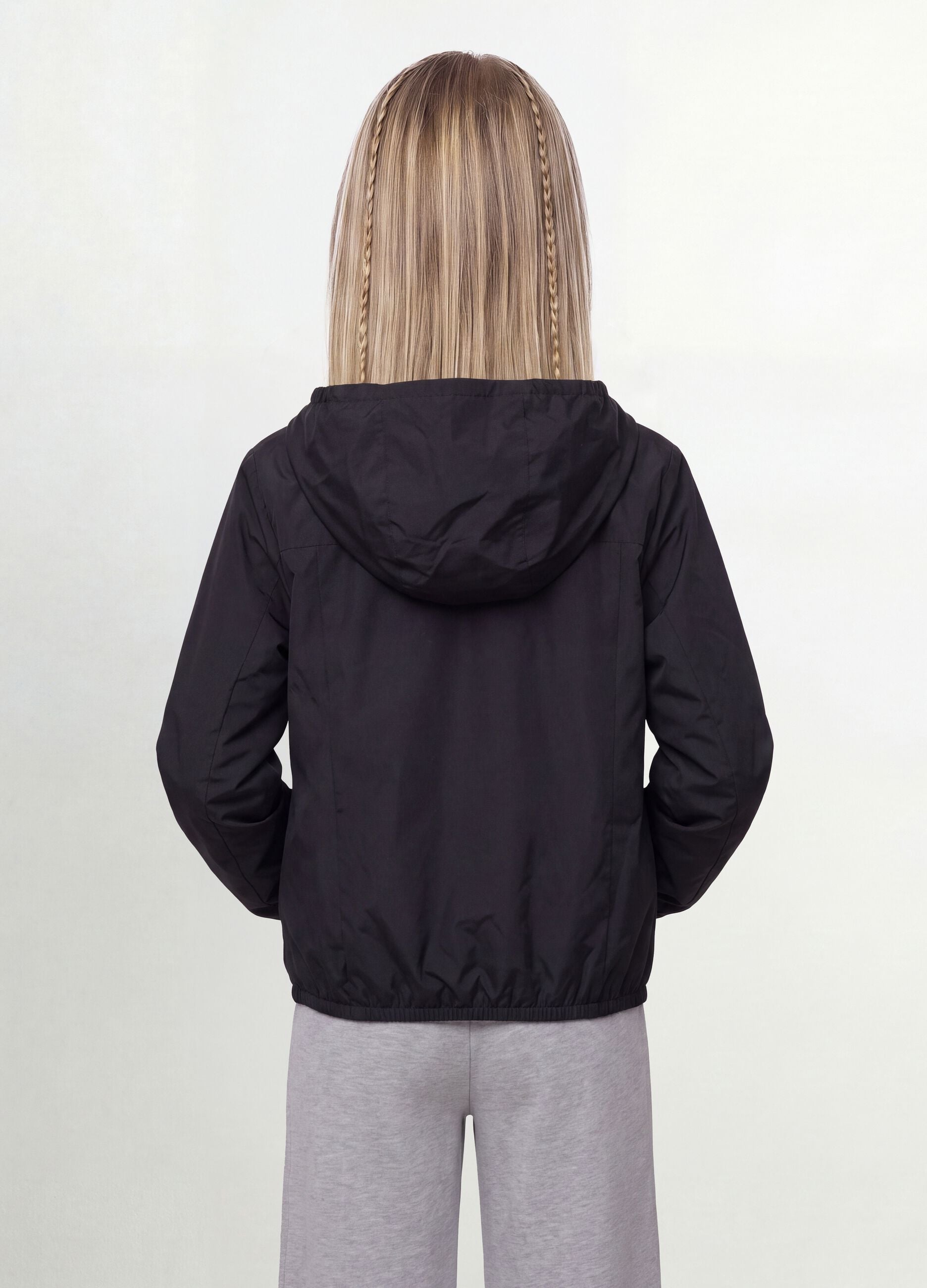 Black hooded rain jacket with zip for girls