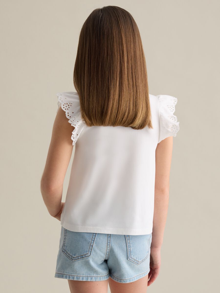 White stretch cotton T-shirt with broderie anglaise sleeves_2