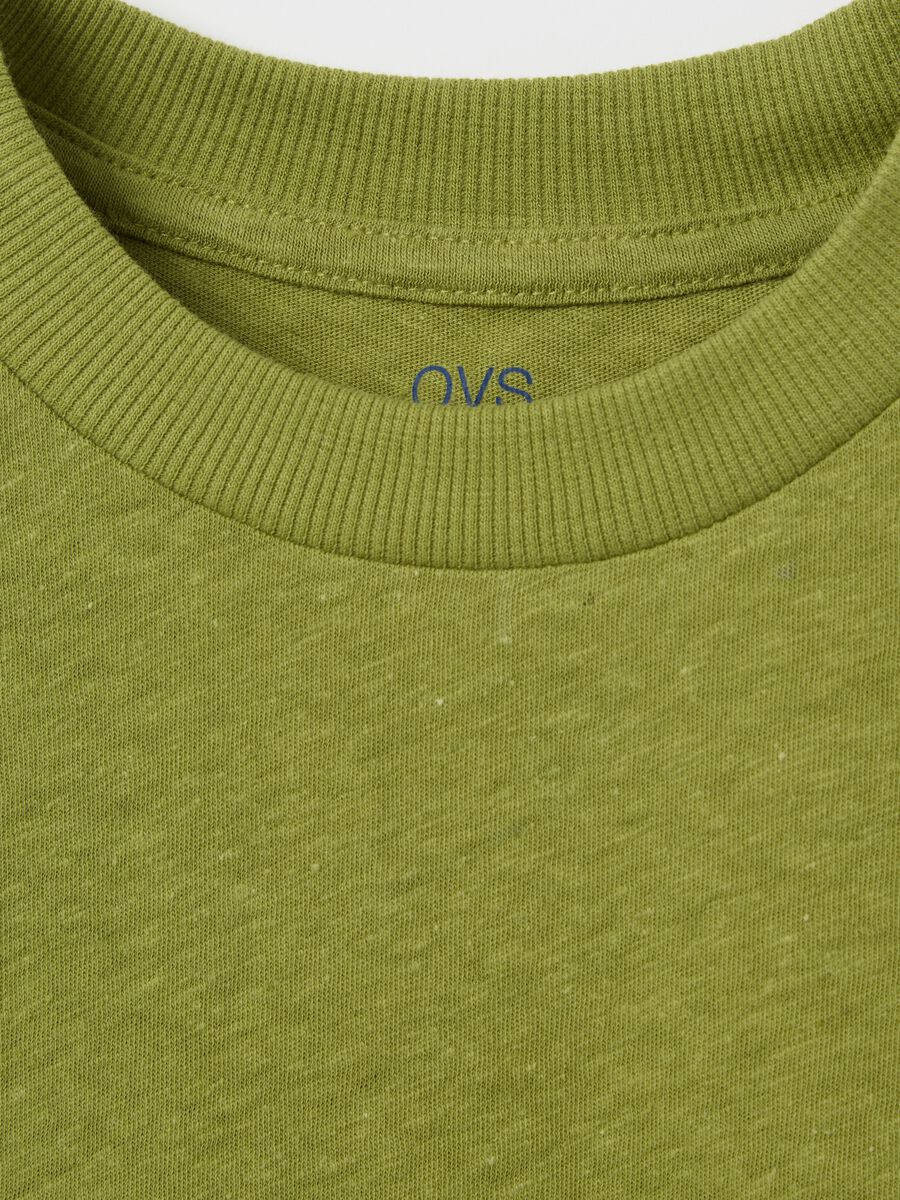 Green short-sleeved T-shirt in cotton and linen_2