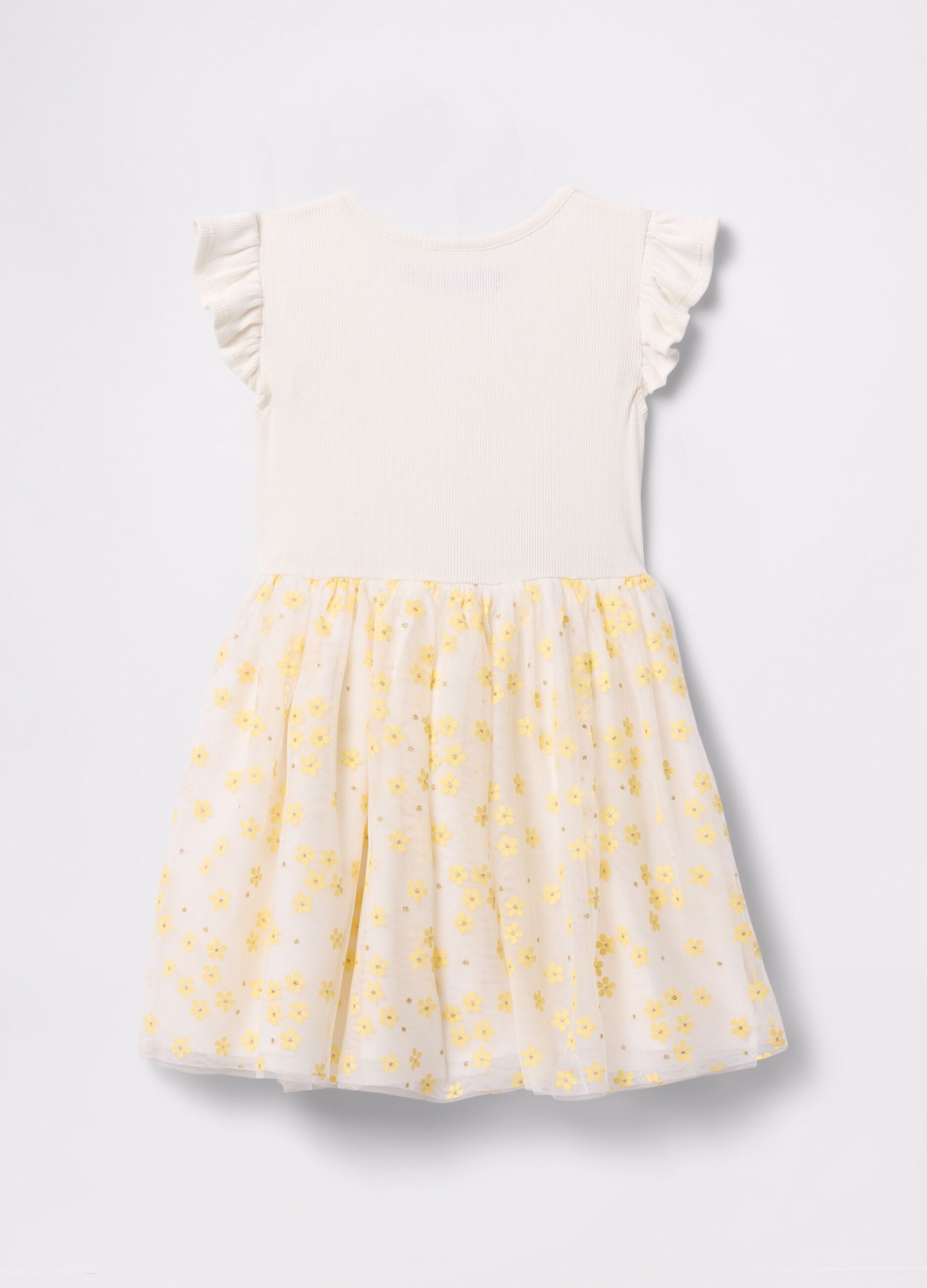 White dress with floral tulle skirt