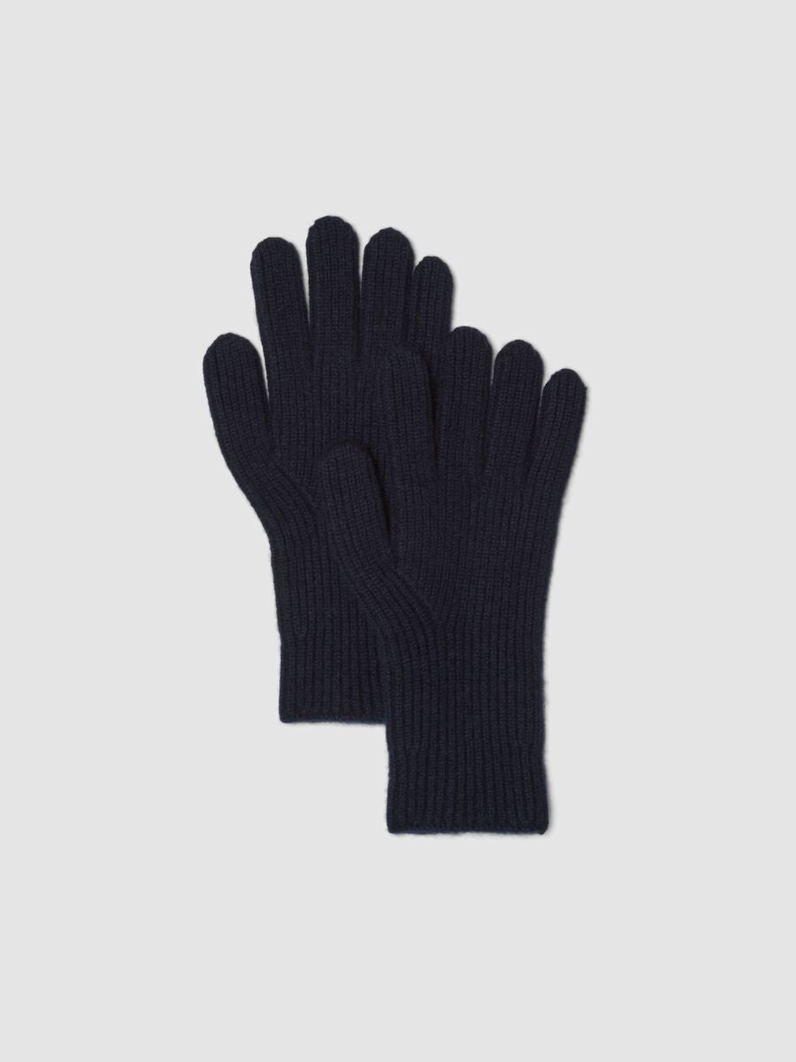Guanti blu in puro cashmere a costine_0