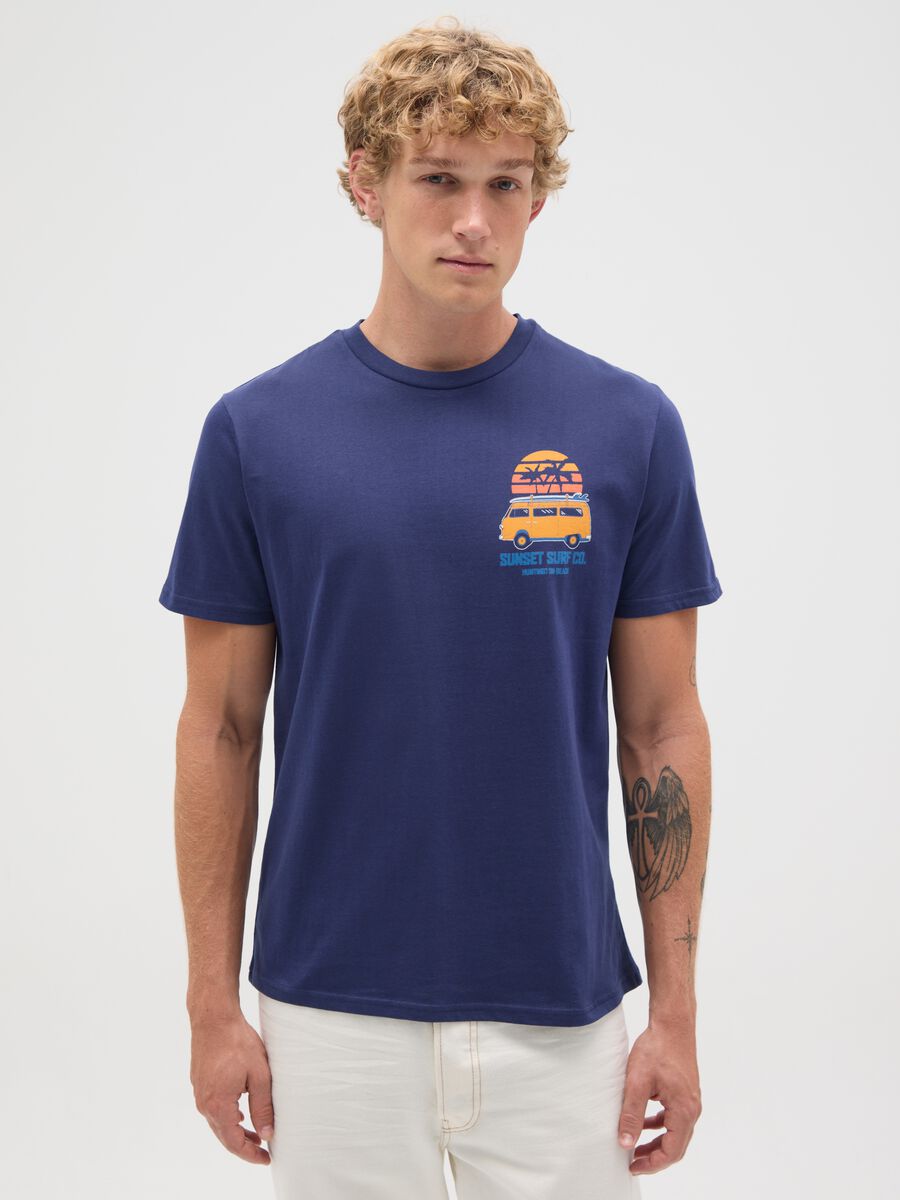Men's blue pure cotton regular fit t-shirt with print_0