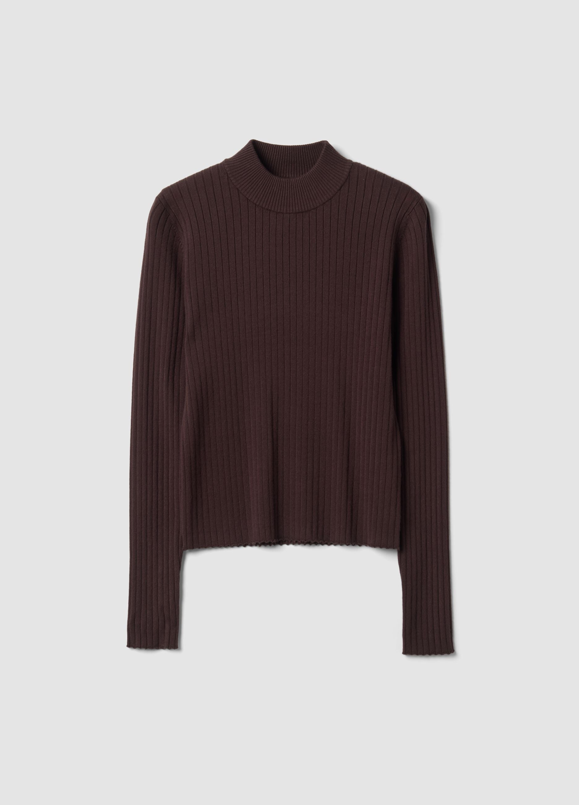 Brown ribbed viscose-blend top with high neck