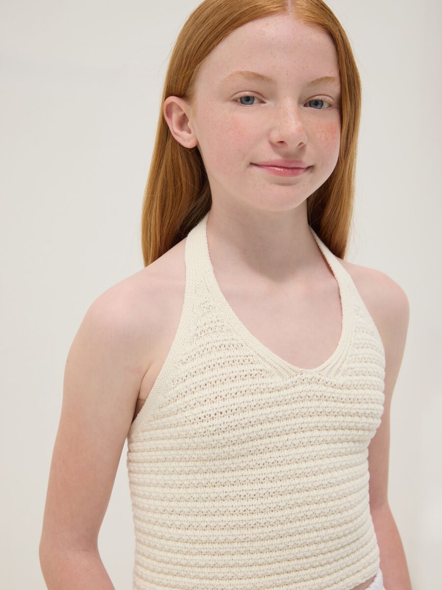 White cotton-blend knitted top_0