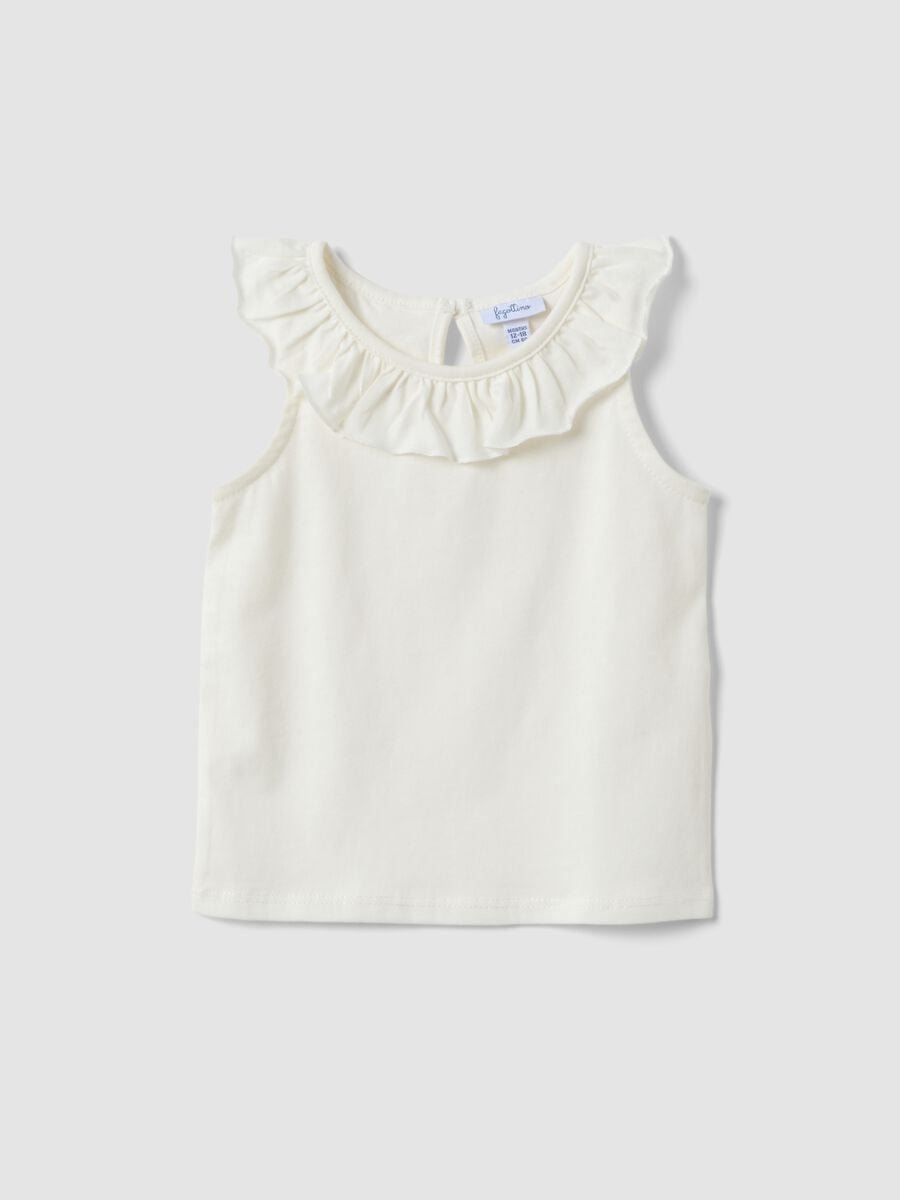 White organic cotton tank top with ruffle trim_0