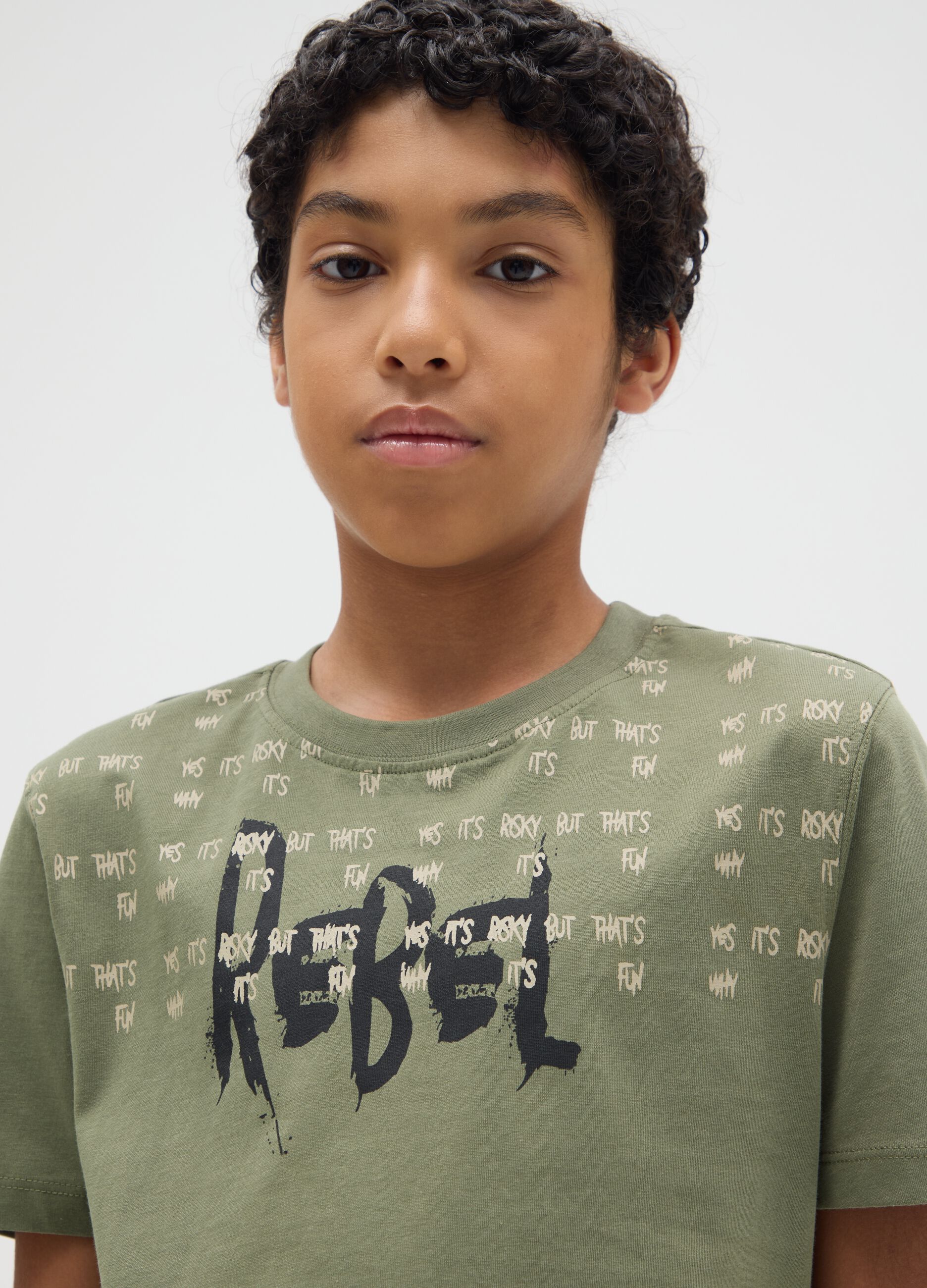 Green cotton T-shirt with "Rebel" print