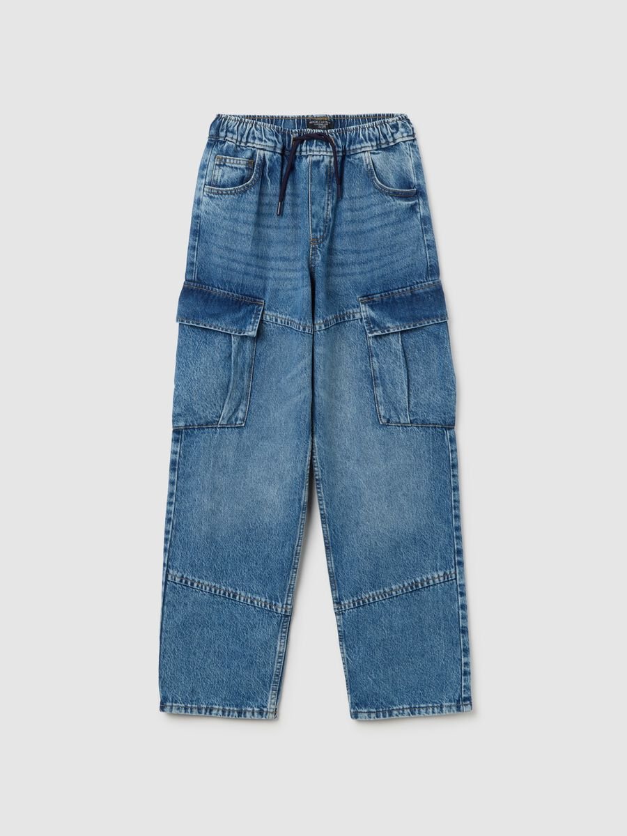 Boys' blue cargo jeans in pure cotton denim relaxed fit_0
