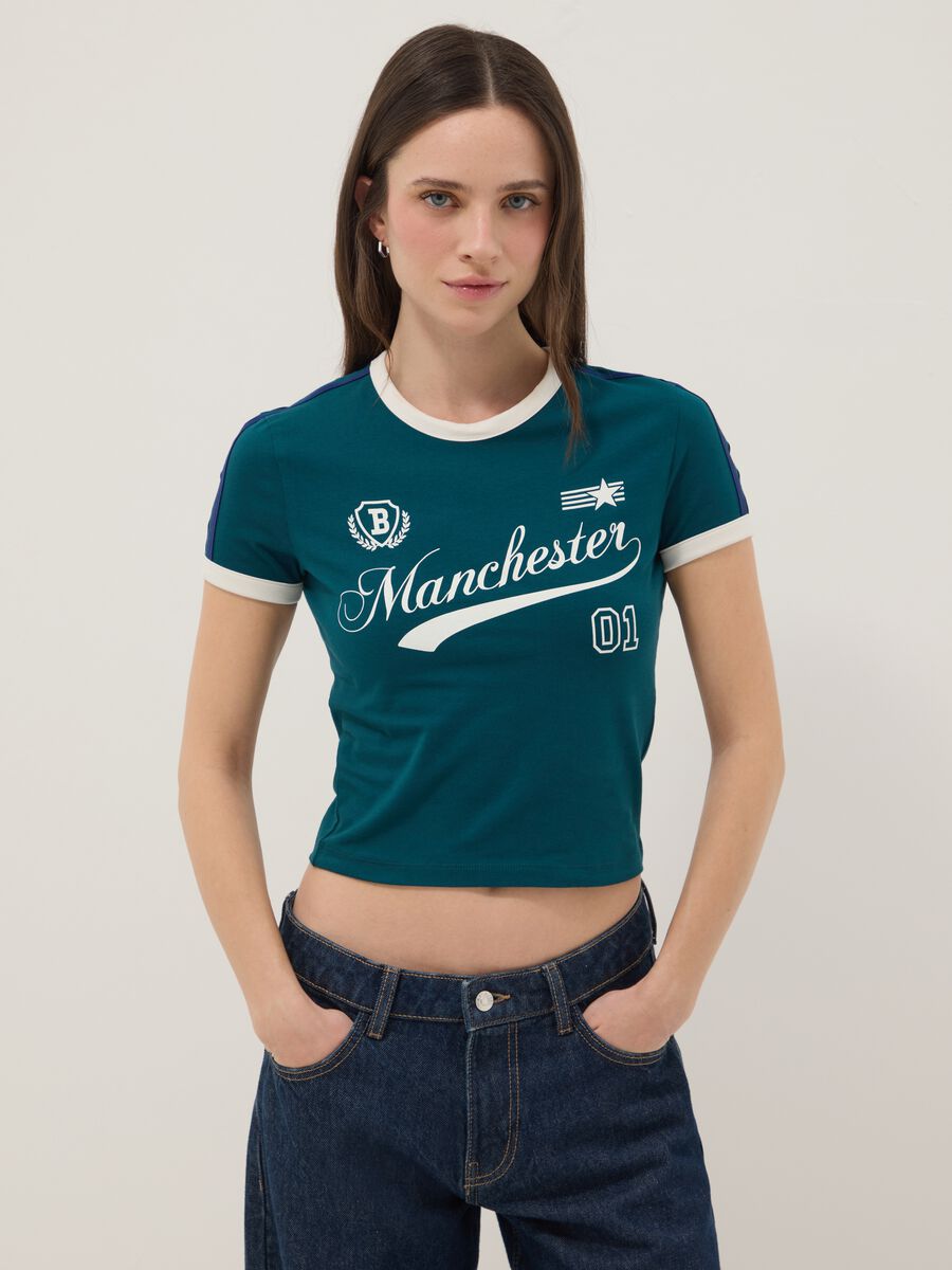 T-shirt in cotone elasticizzato verde slim fit con stampa_1