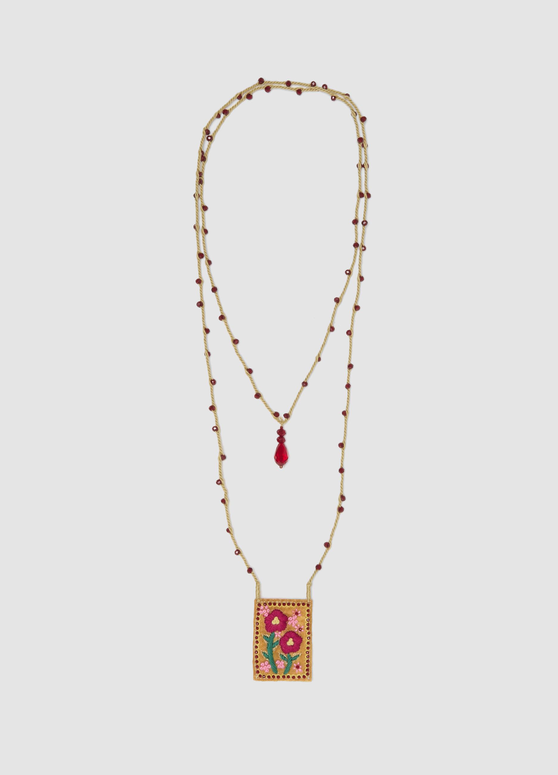 Brown necklace with embroidered pendant in pure cotton