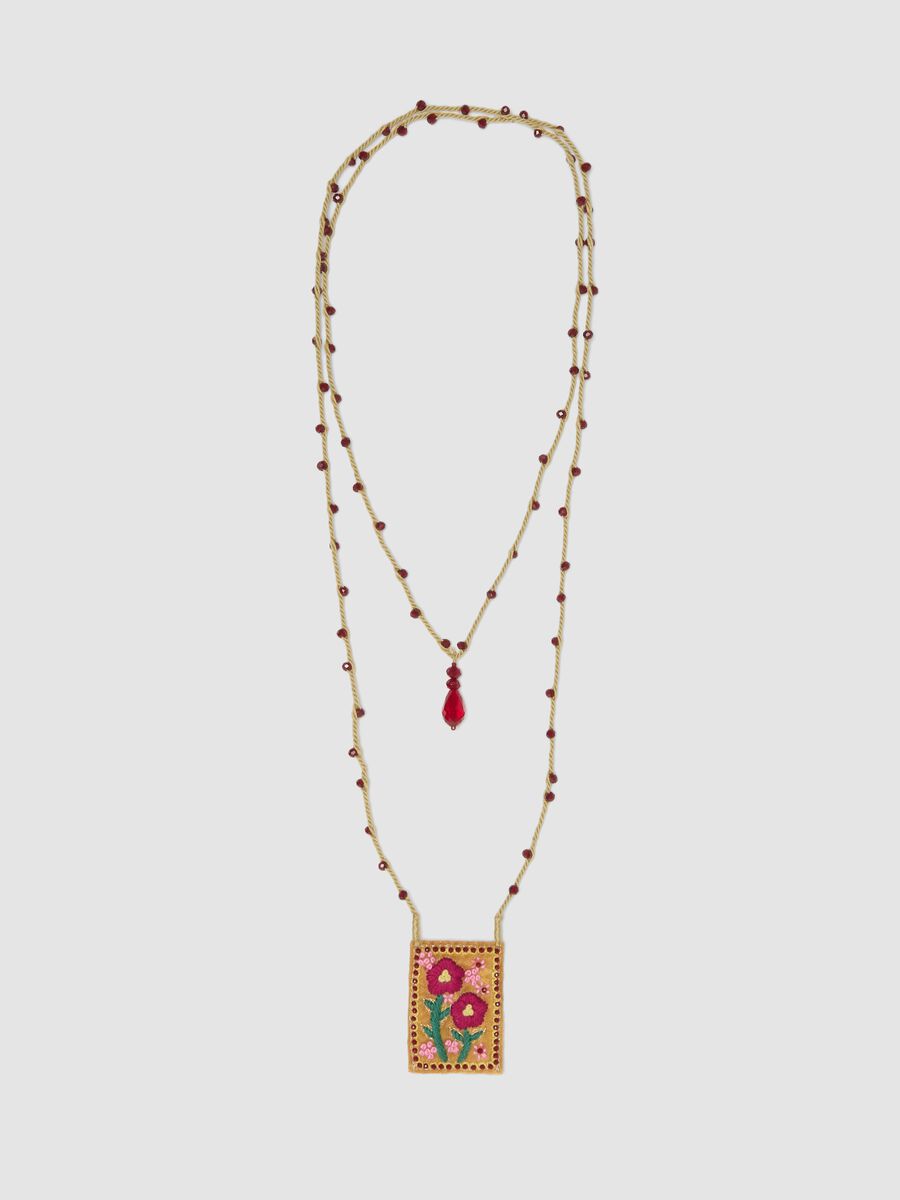 Brown necklace with embroidered pendant in pure cotton_0