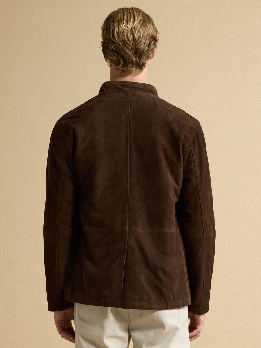 Brown padded genuine leather shacket with high collar, regular fit_3