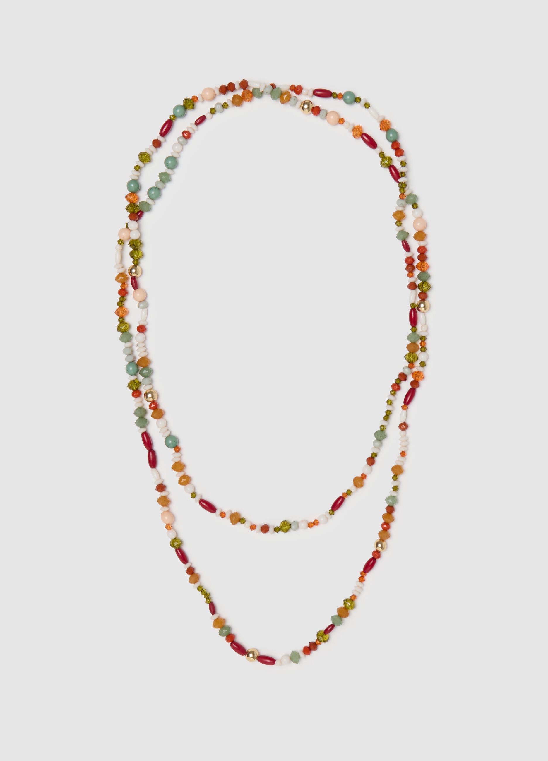 Long red and green necklace with stones