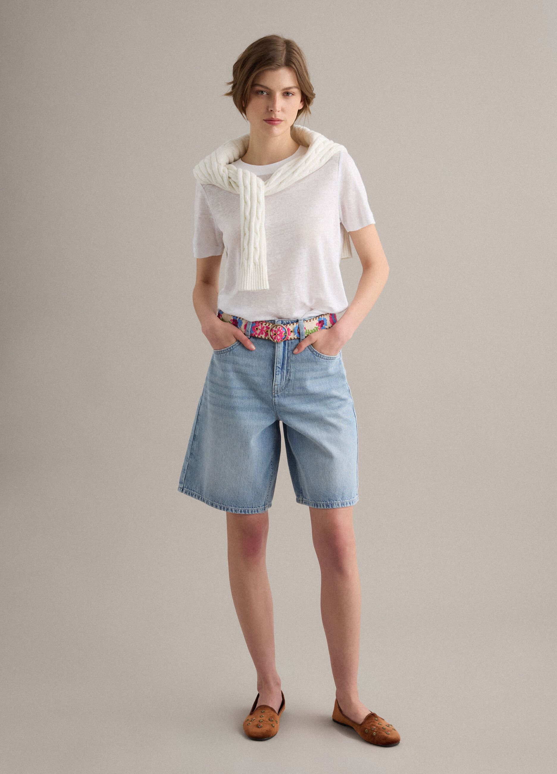 Shorts azzurri in denim in puro cotone wide leg