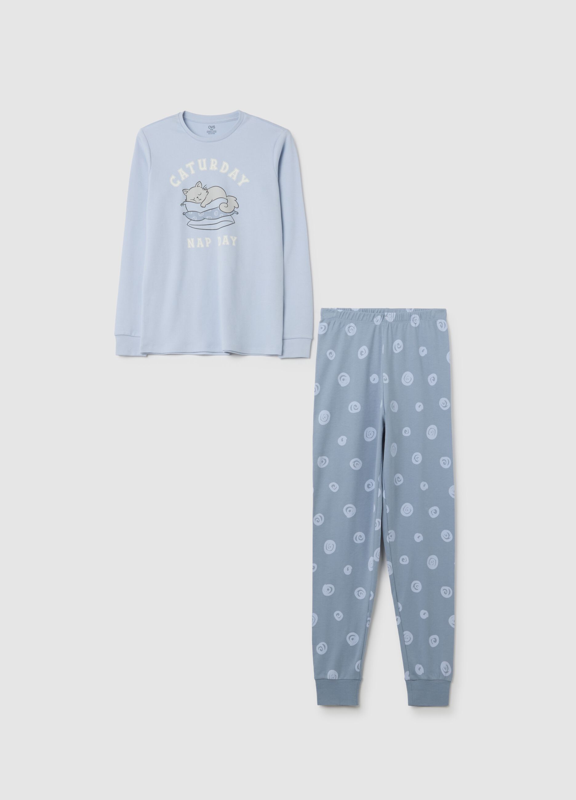 Girls' long pyjamas in light blue pure cotton regular fit