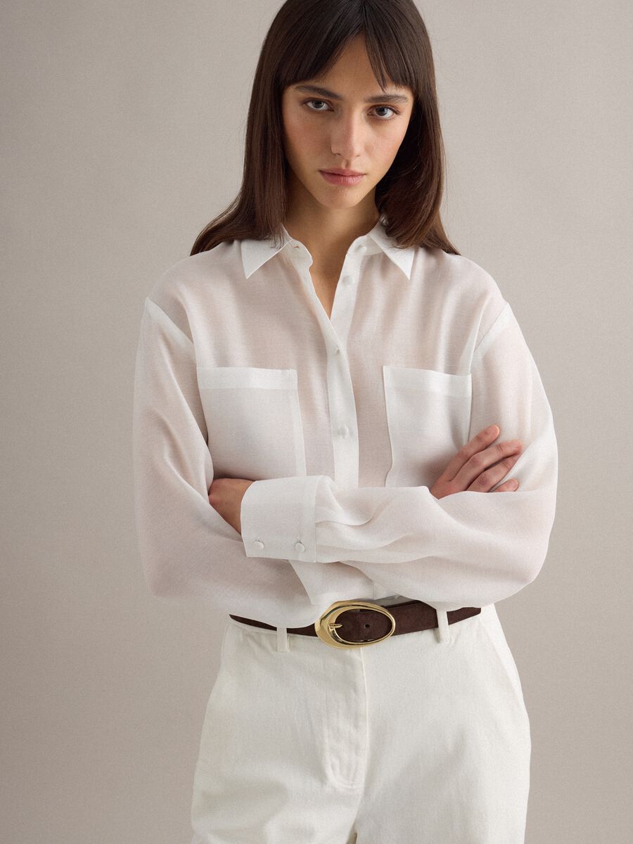 White Oversized Fit Lyocell Blend Shirt_0