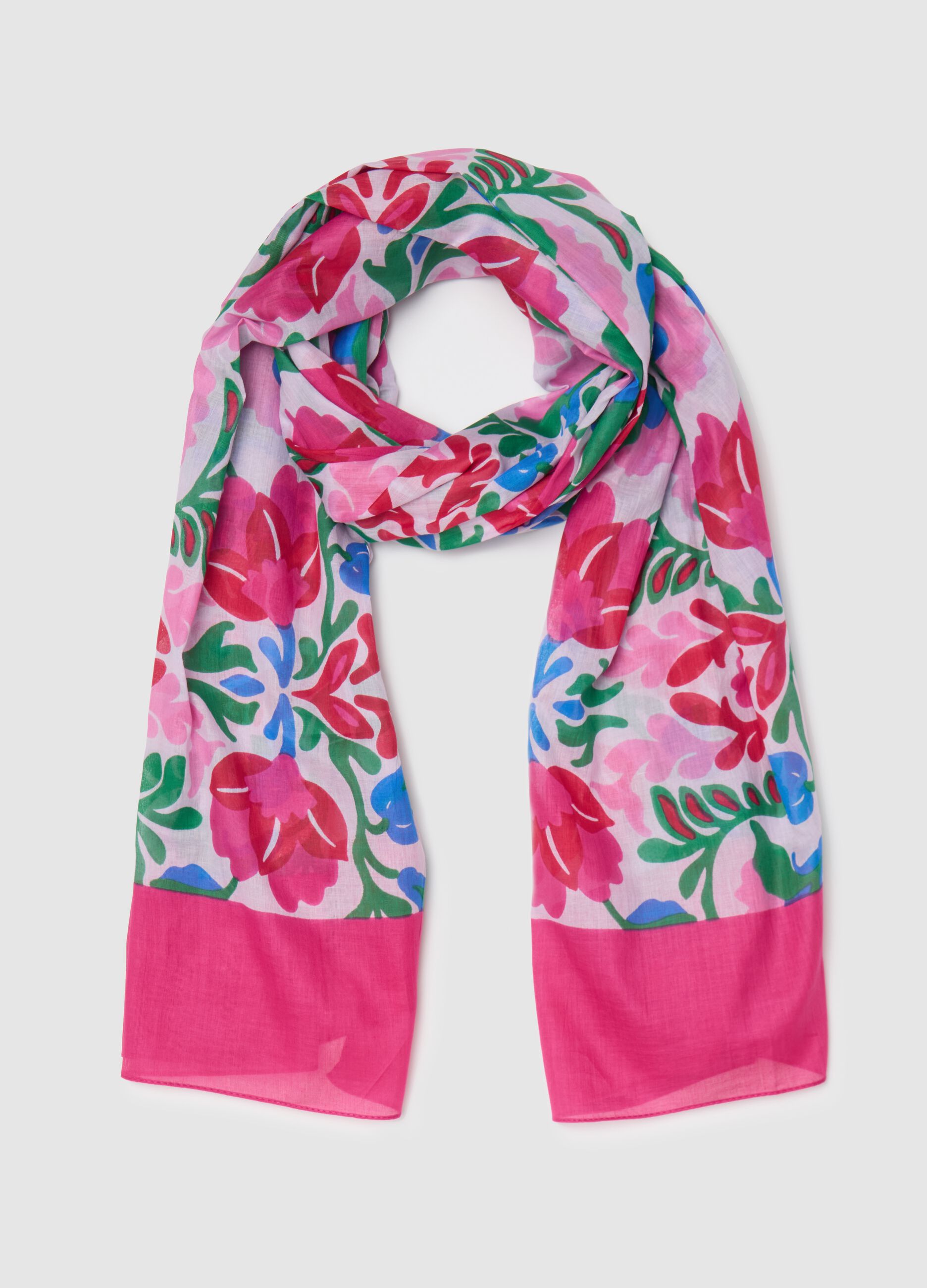 Foulard in cotone con stampa floreale rosa