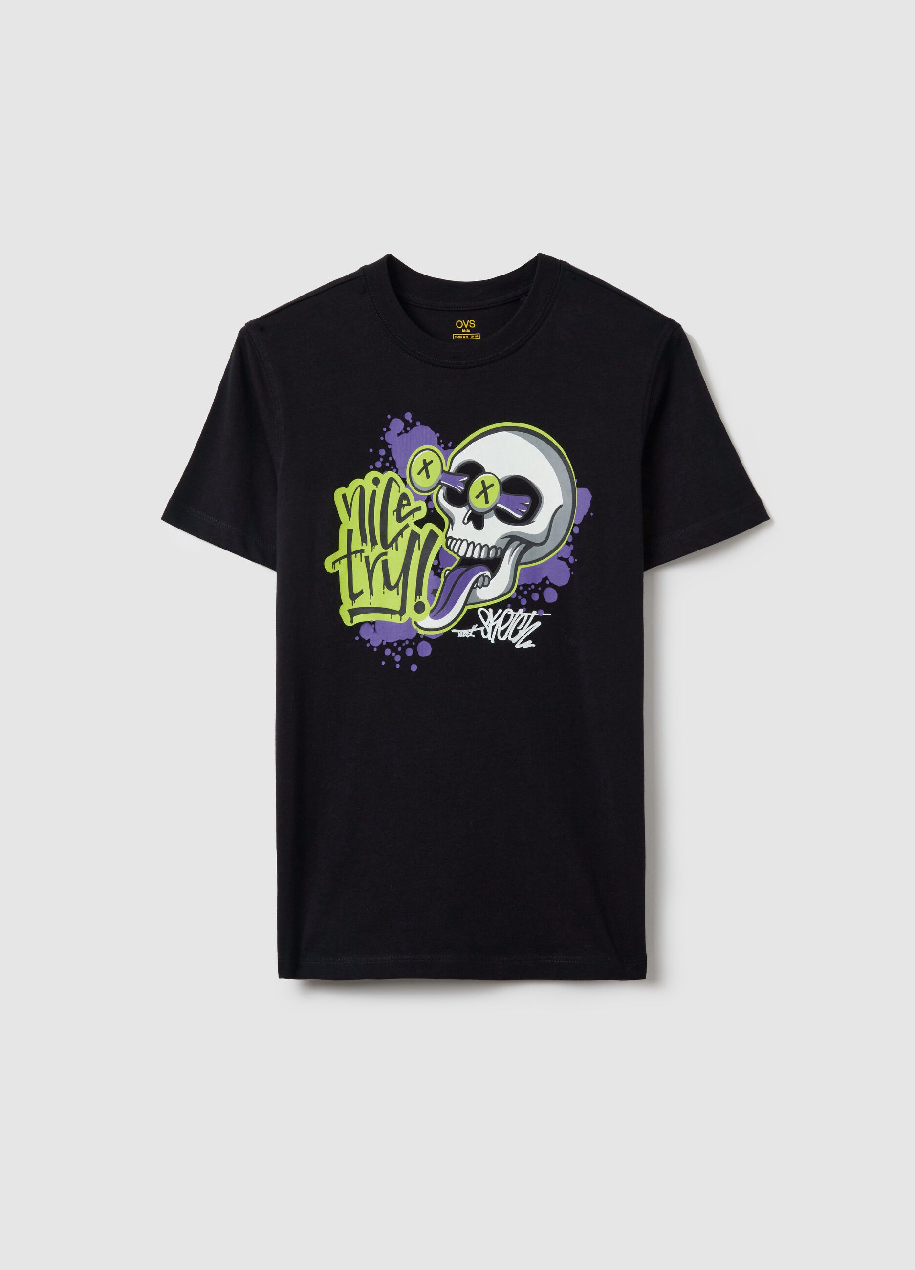 Cotton T-shirt with "Nice Try!" skull print