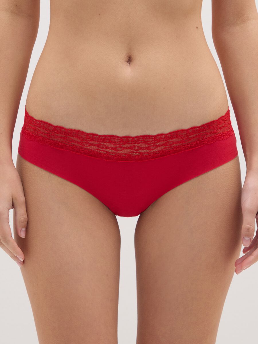 Red stretch cotton briefs with lace regular fit_1