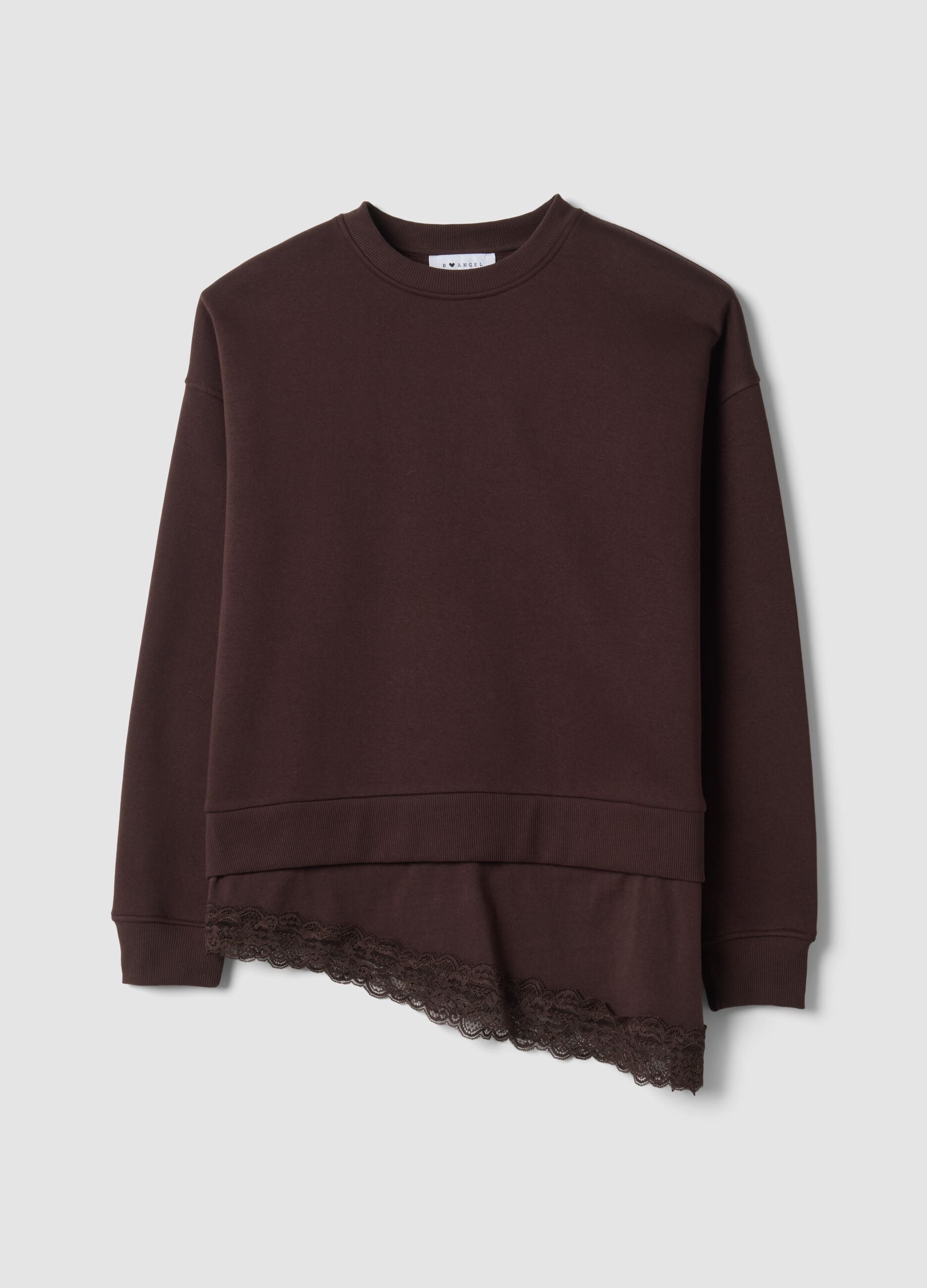 Brown cotton-blend crew-neck sweatshirt with lace detail