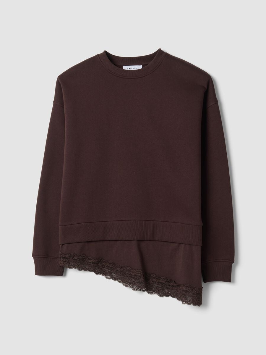 Brown cotton-blend sweatshirt with crew neck and lace detail_0