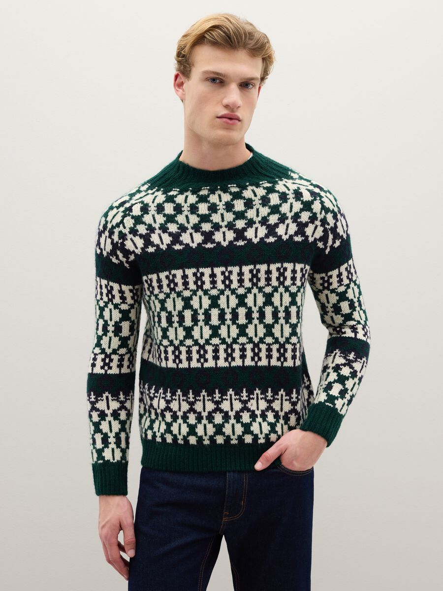 Multicolour high-neck regular fit geometric pattern pullover_0
