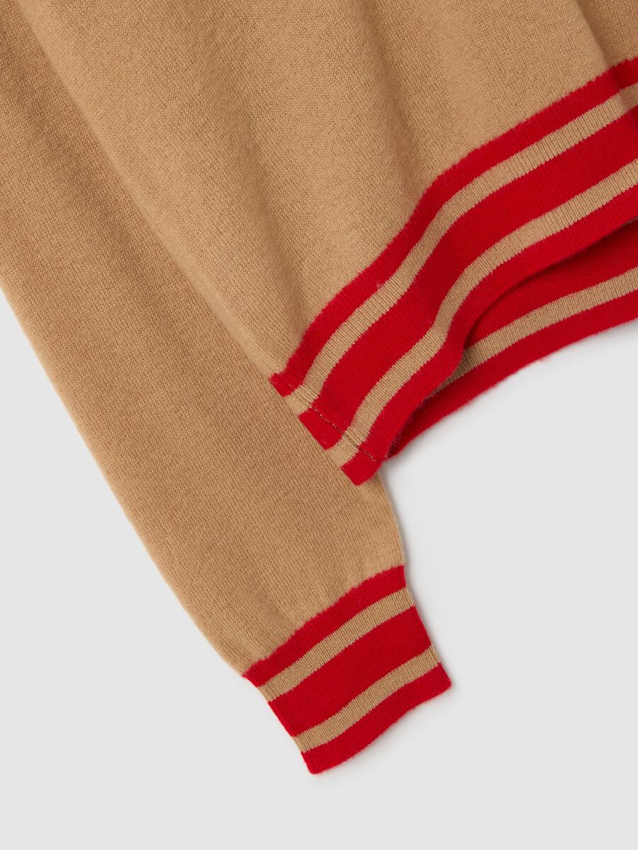 Beige pure wool V-neck striped pullover_5