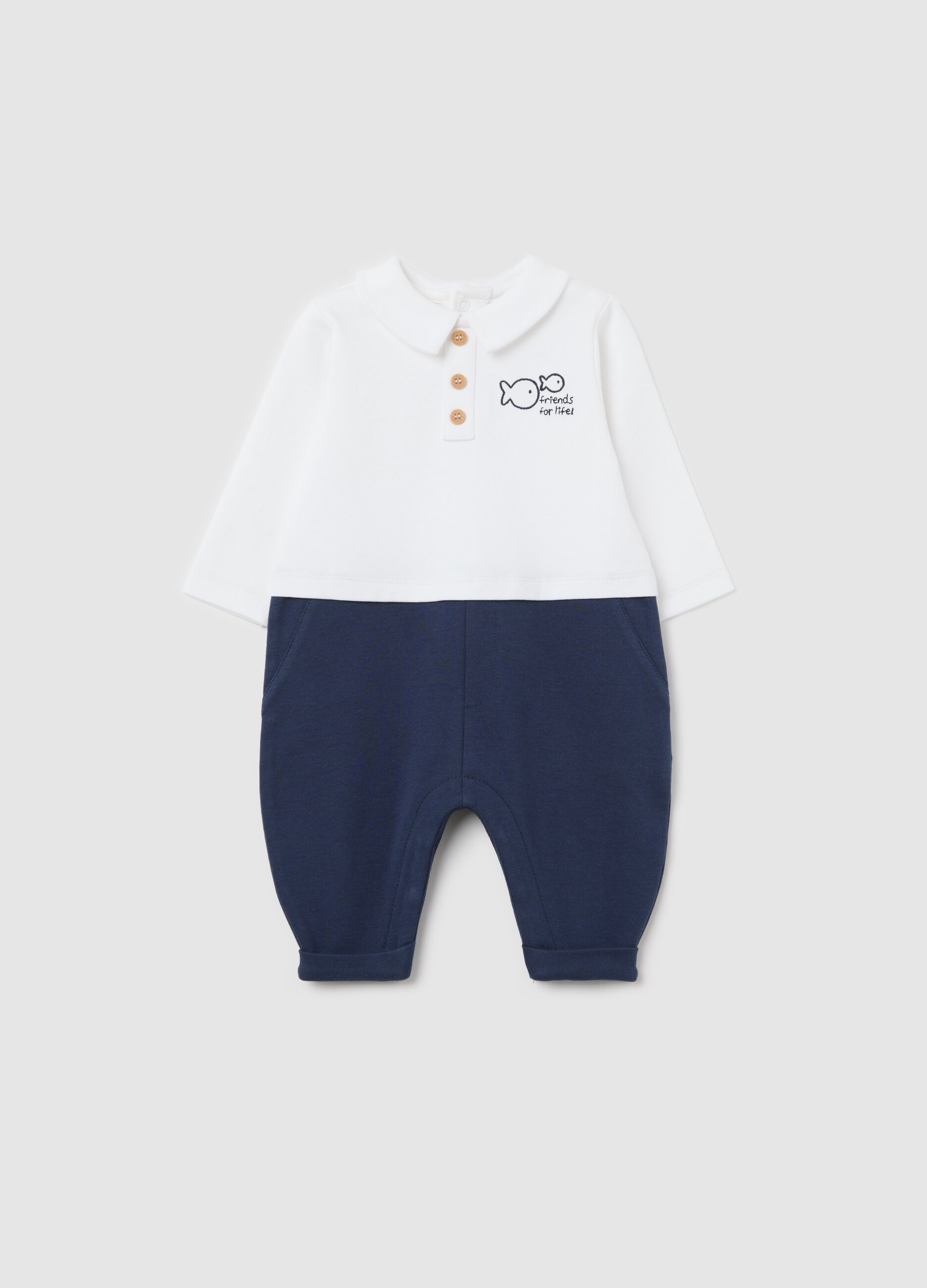 Blue two-tone cotton onesie with fish embroidery
