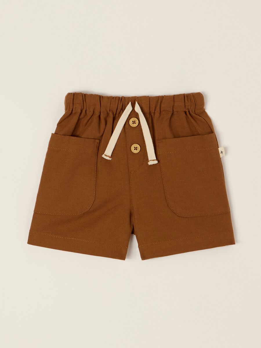 Brown cotton and linen blend shorts with elasticated waist, regular fit_0