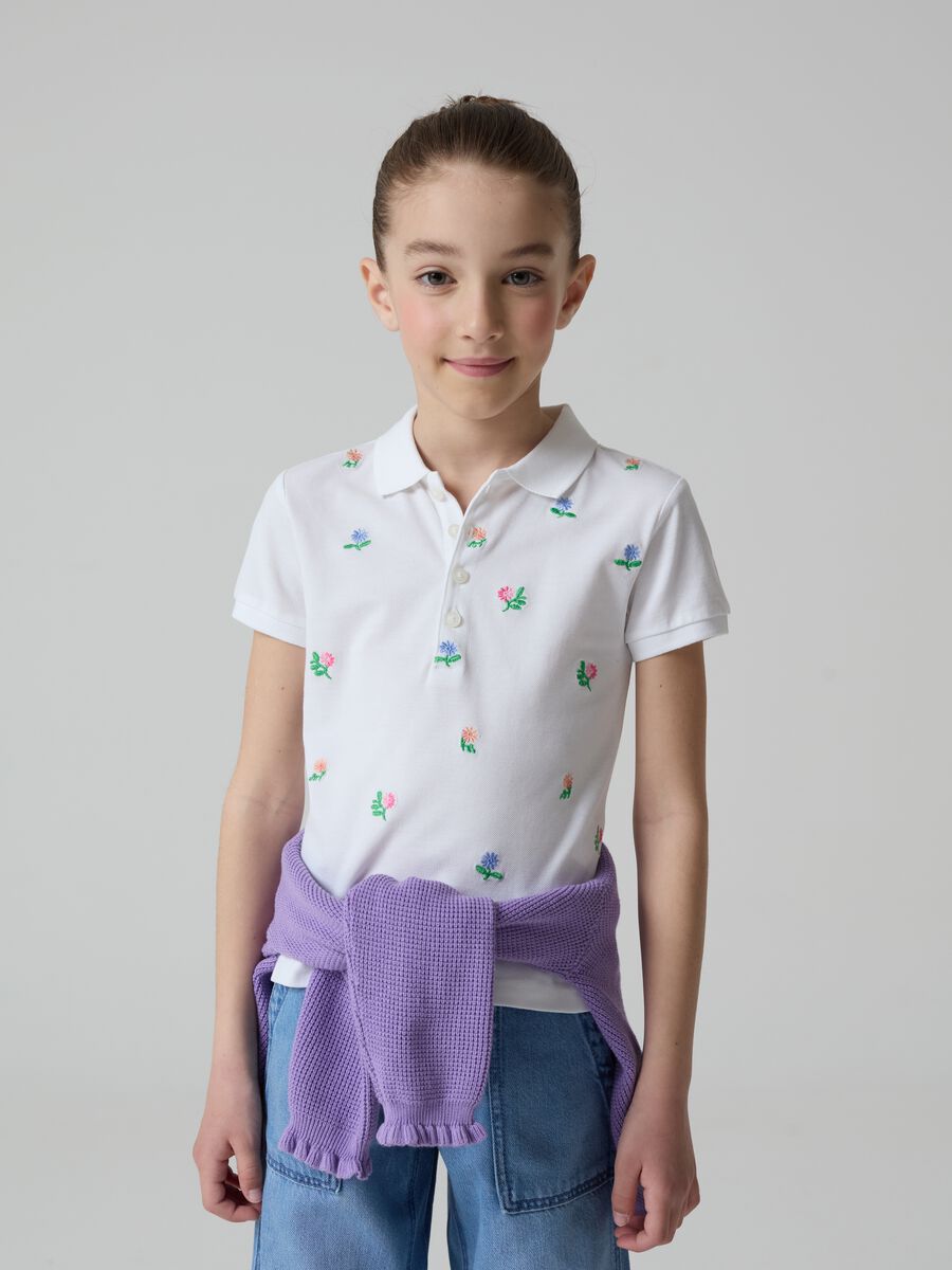 Piquet polo shirt with floral embroidery_0