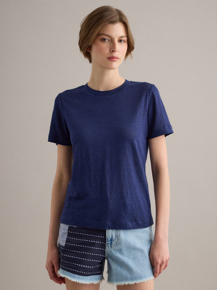 Blue pure linen short-sleeve T-shirt, regular fit_1