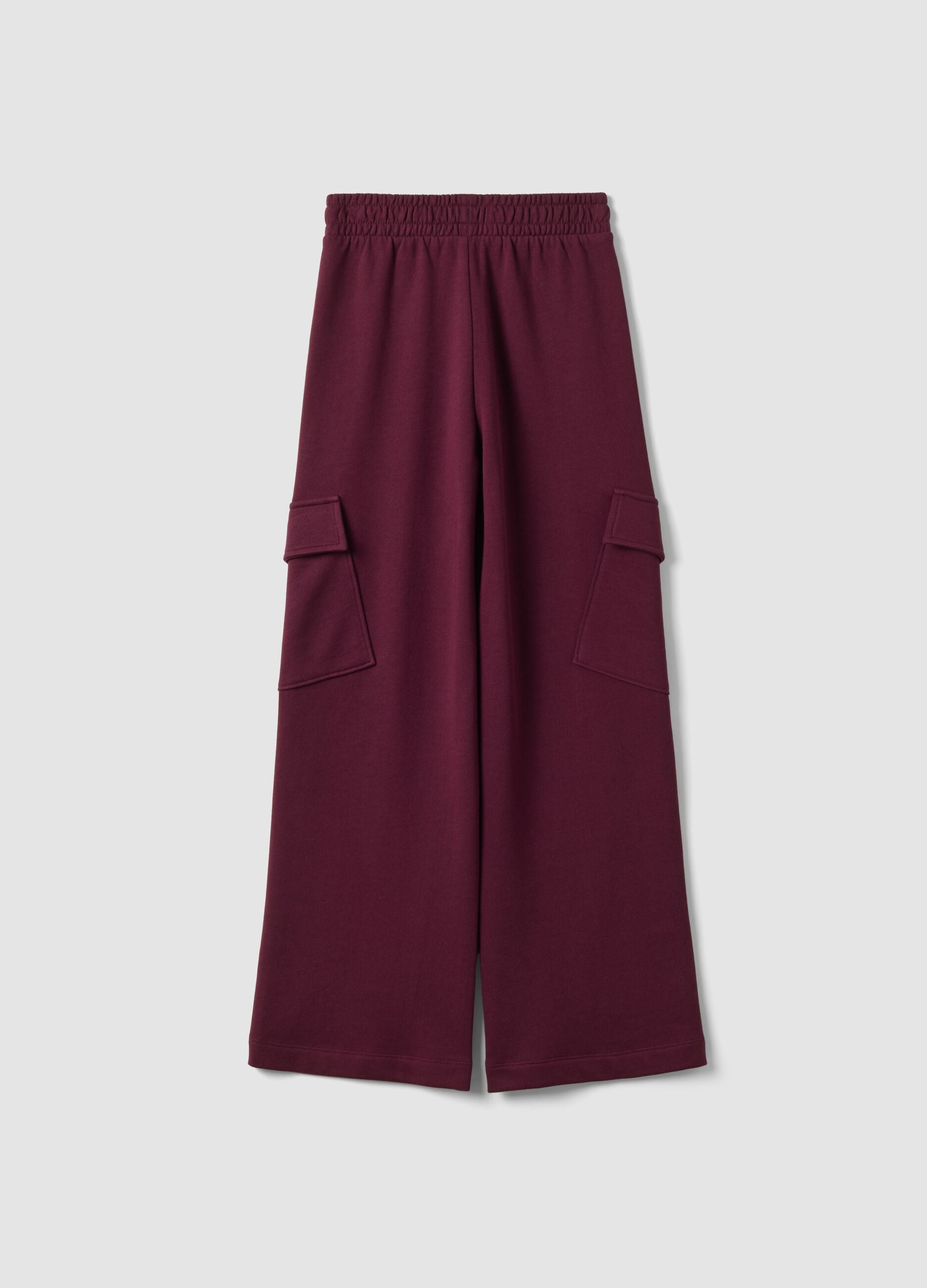 Pantaloni viola in puro cotone wide leg con tasche cargo