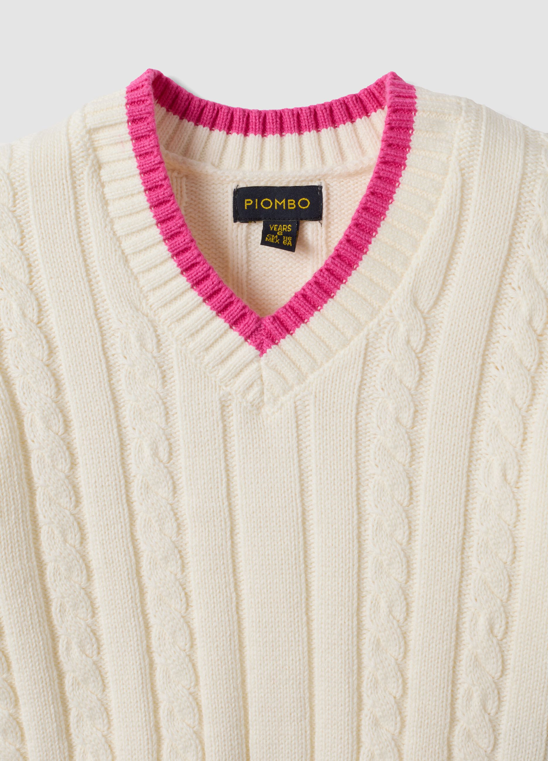 Maglia bianca in puro cotone a trecce con scollo a V per bambina