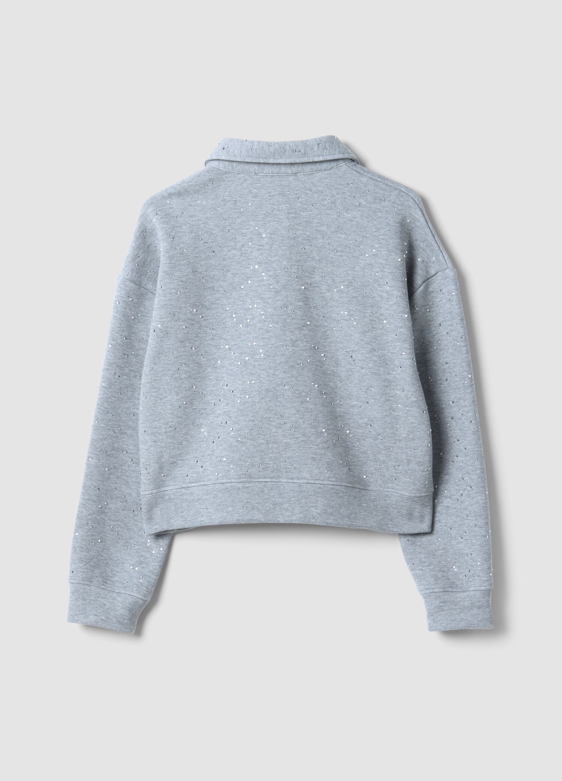 Grey cotton-blend polo with all-over rhinestones, regular fit