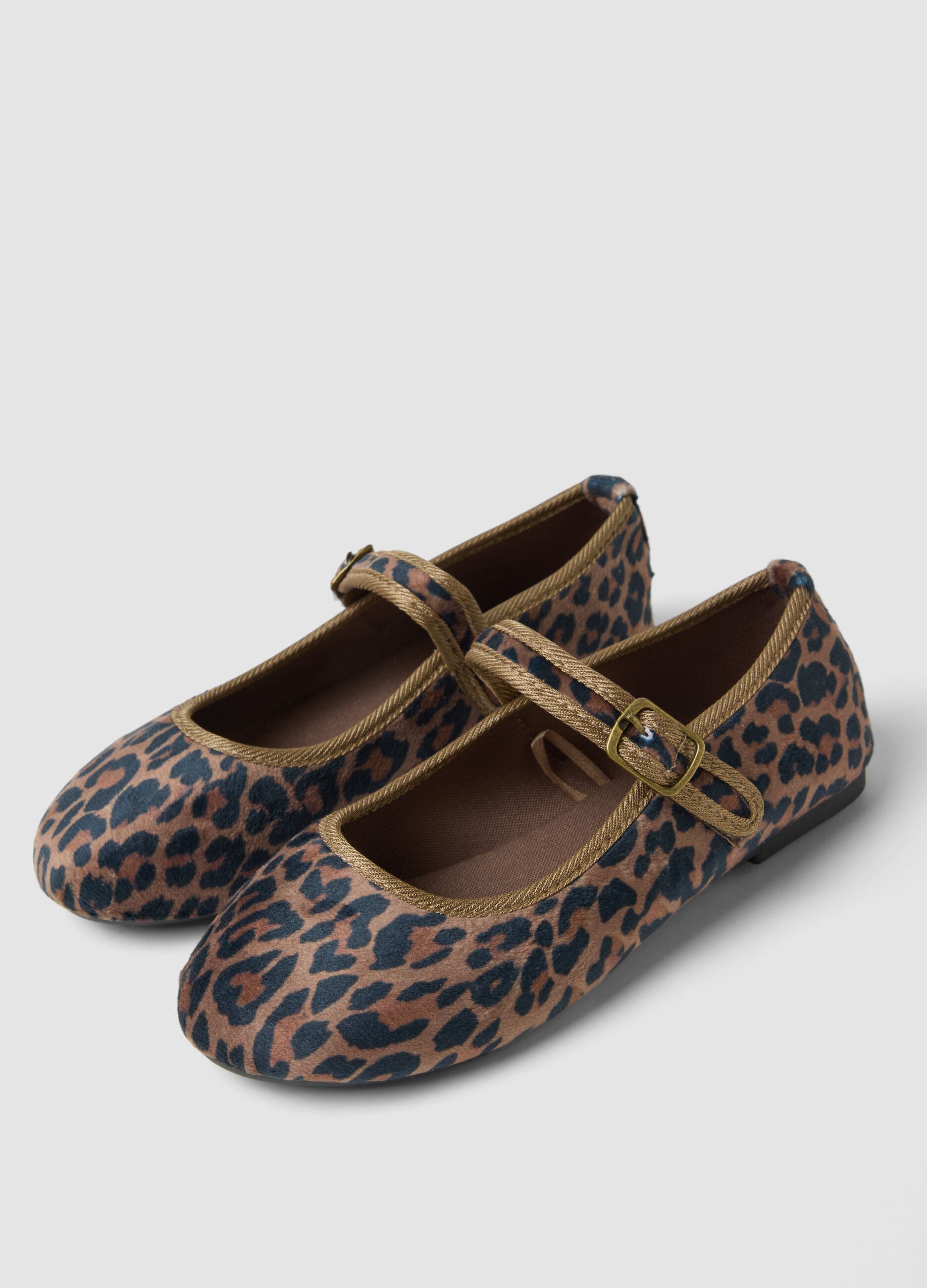 Brown animal print ballet flats with strap for girls