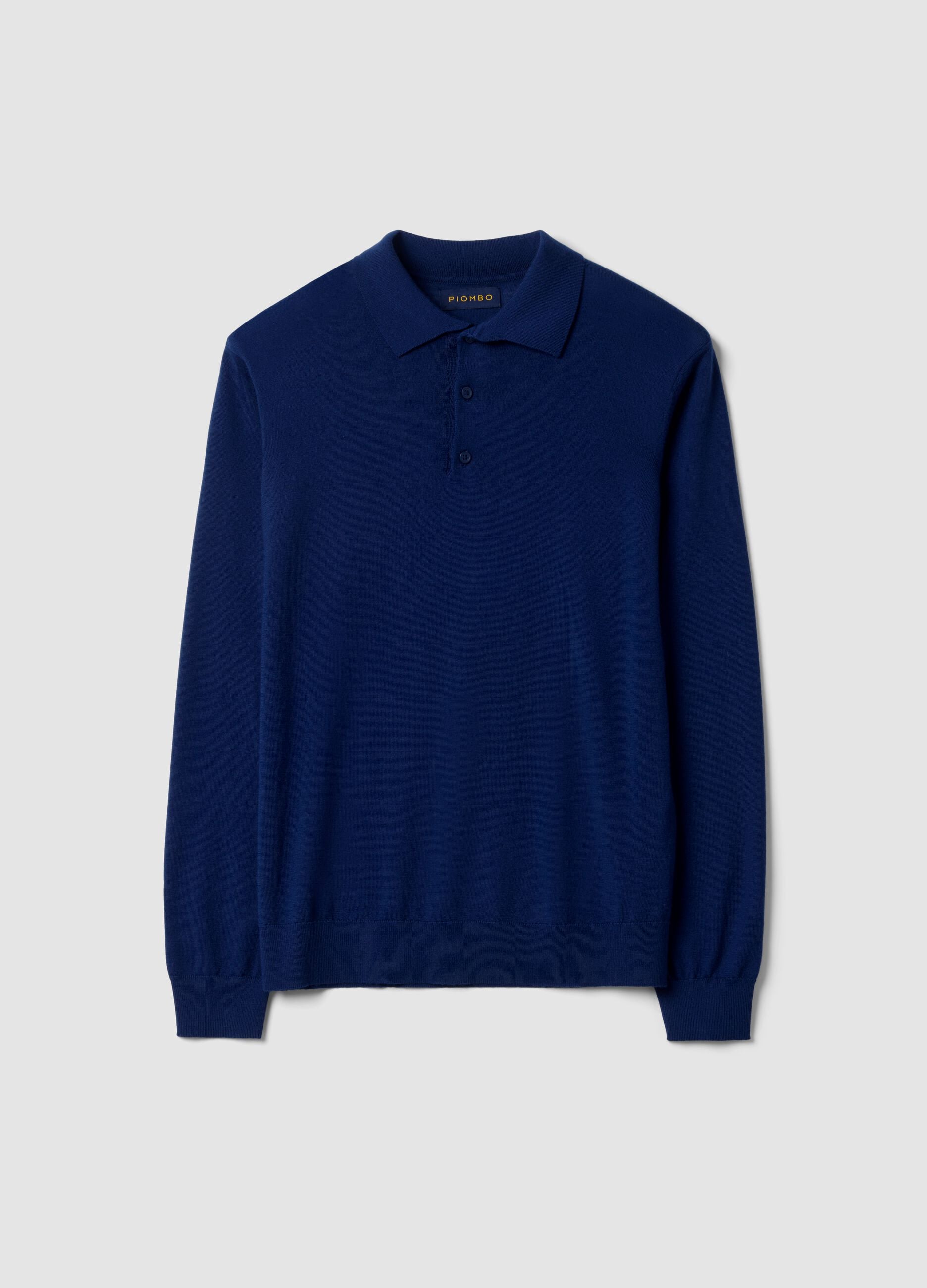 Blue pure merino wool polo jumper with polo collar